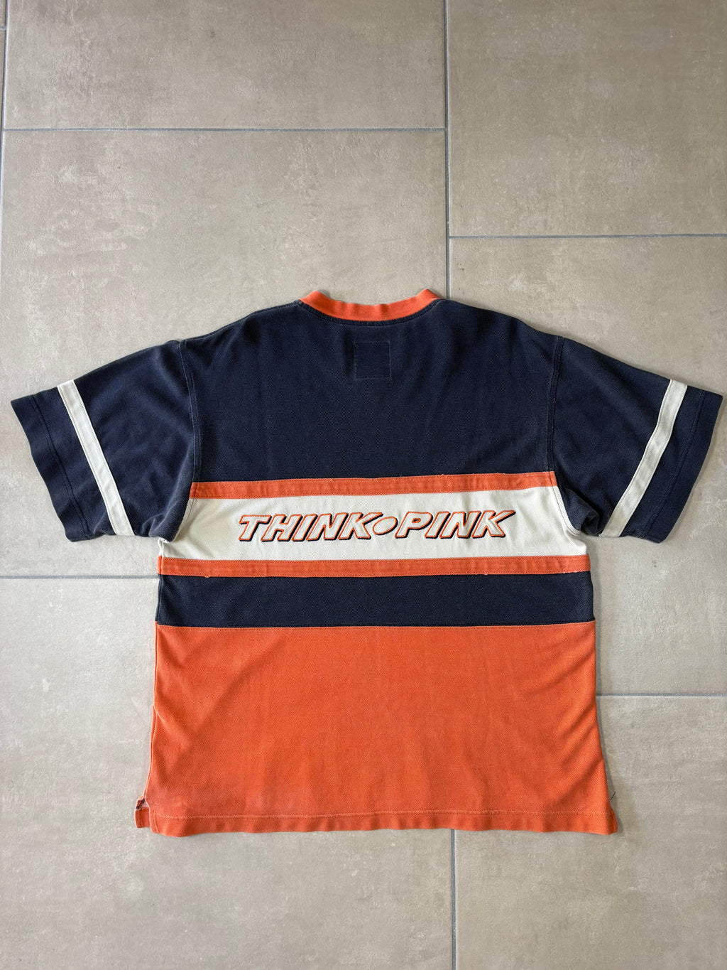 Think Pink Colour Block V-Neck T-Shirt Navy Orange