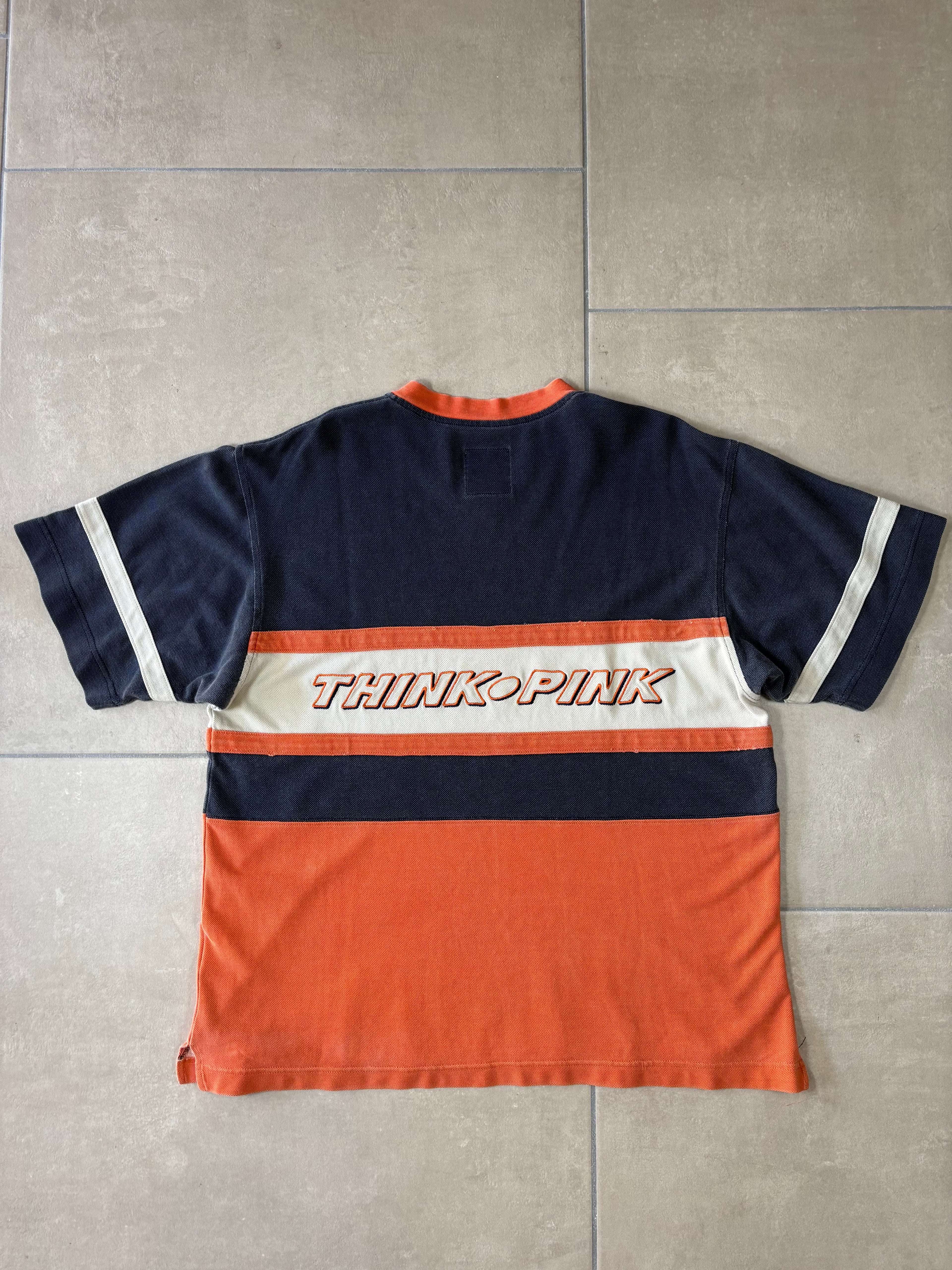 Think Pink Colour Block V-Neck T-Shirt Navy Orange
