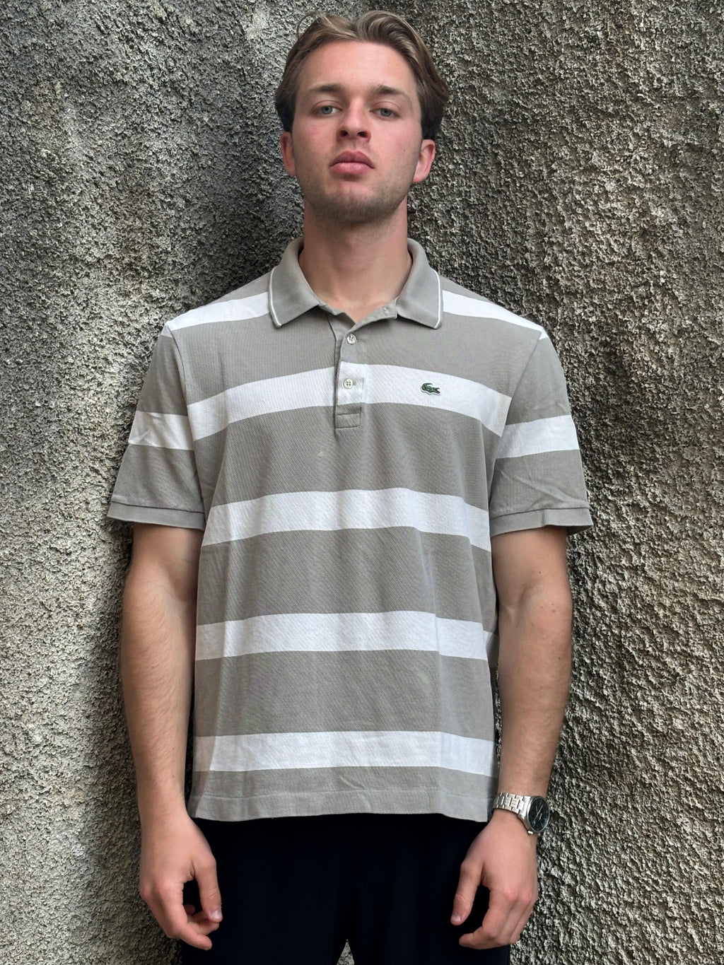 Polo Lacoste Uomo Grigio Tortora a Righe Orizzontali Bianche
