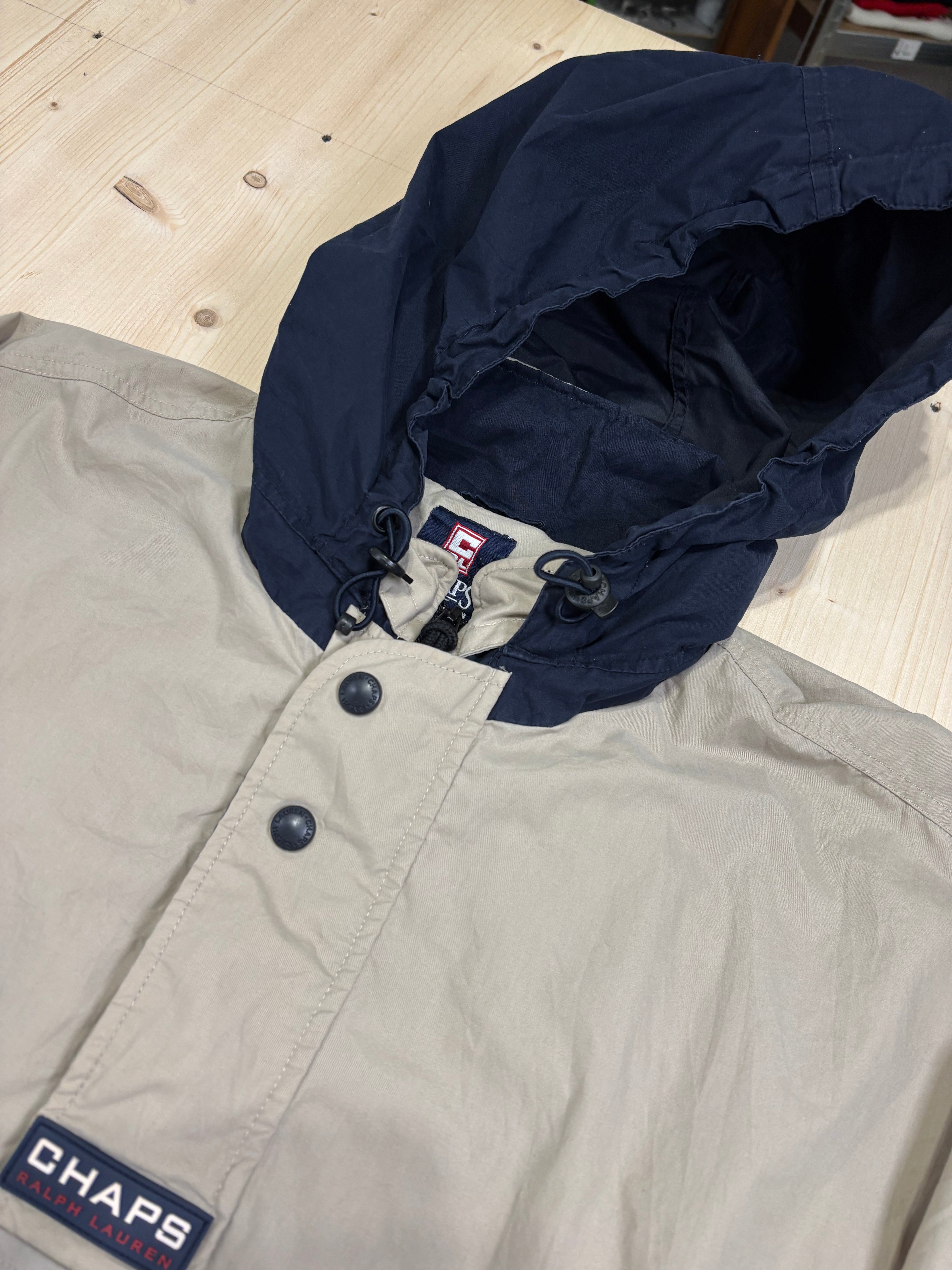 Vintage Chaps Ralph Lauren Hooded Anorak Jacket Beige / Navy