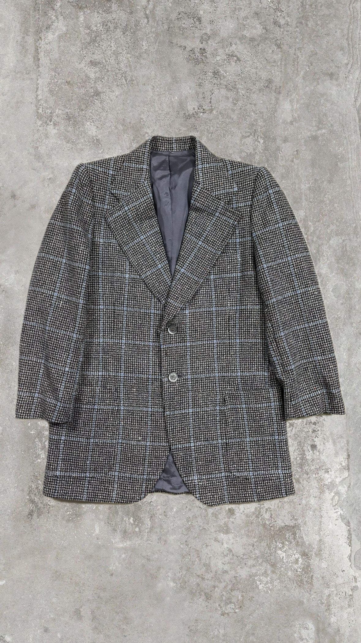 Vintage Italian Tweed Blazer – Grey Houndstooth & Blue Windowpane Check, Oversized Fit