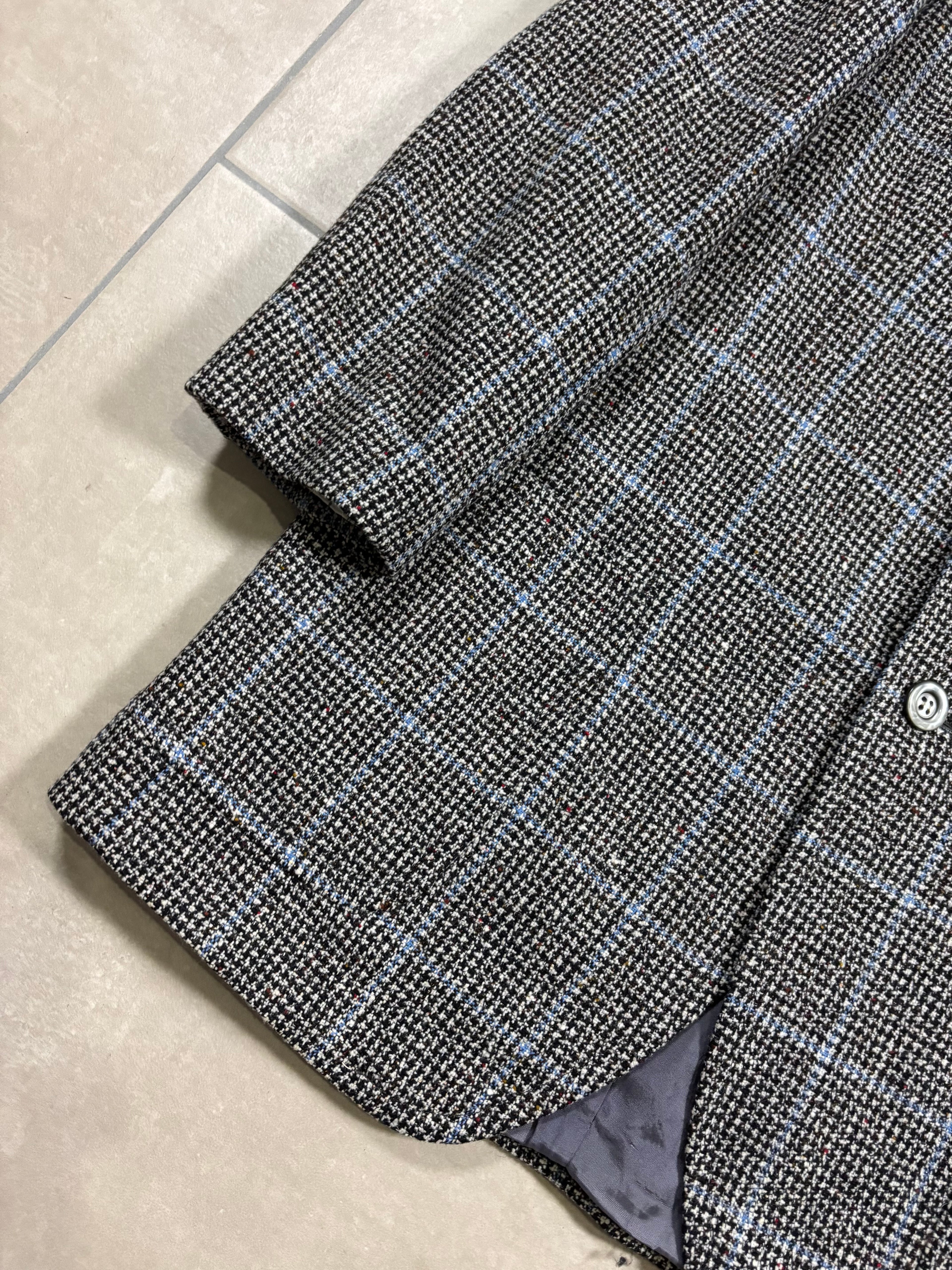 Vintage Italian Tweed Blazer – Grey Houndstooth & Blue Windowpane Check, Oversized Fit