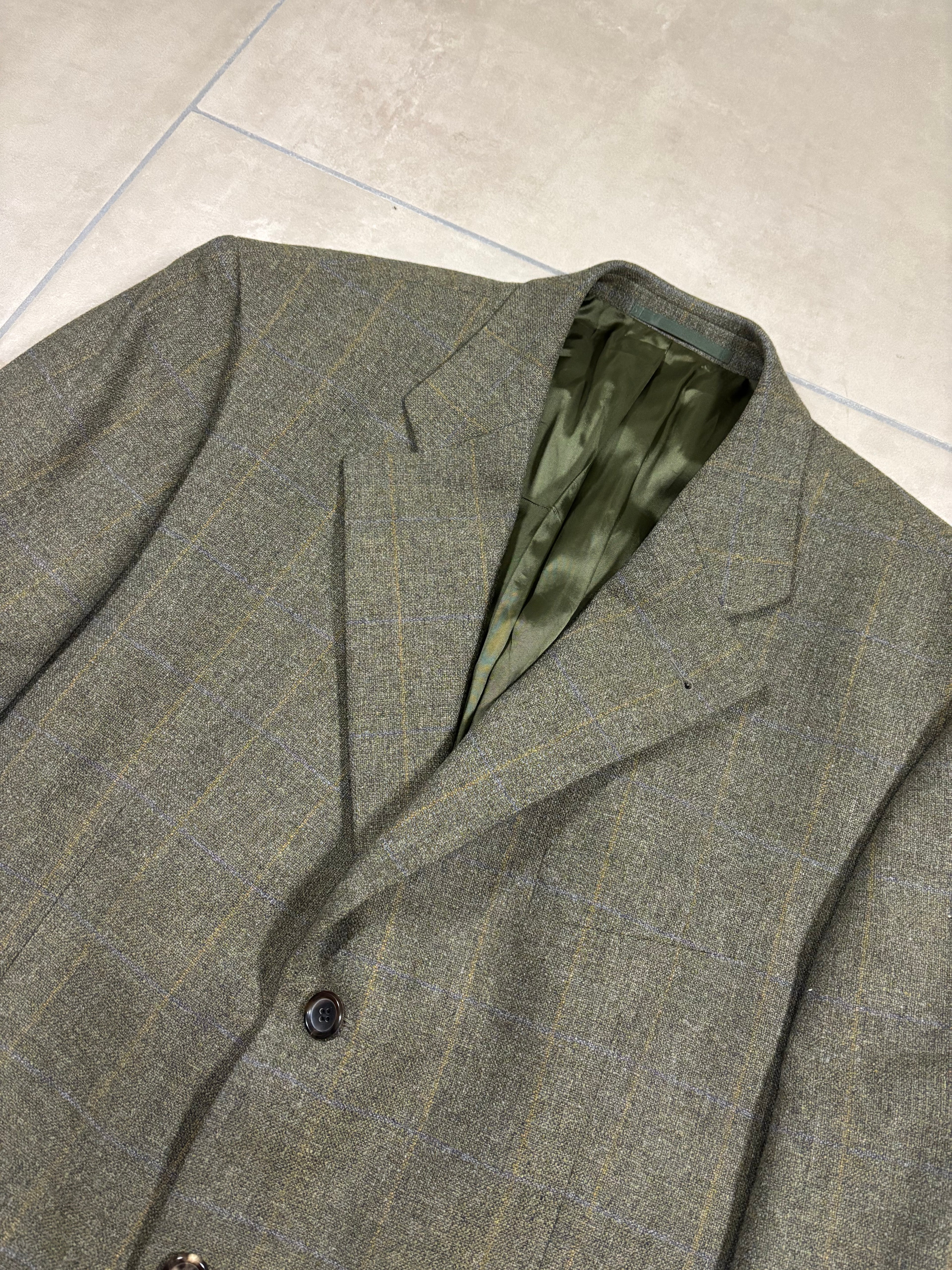 Vintage Olive Check Blazer – Superfine Wool & Cashmere, Made in Italy