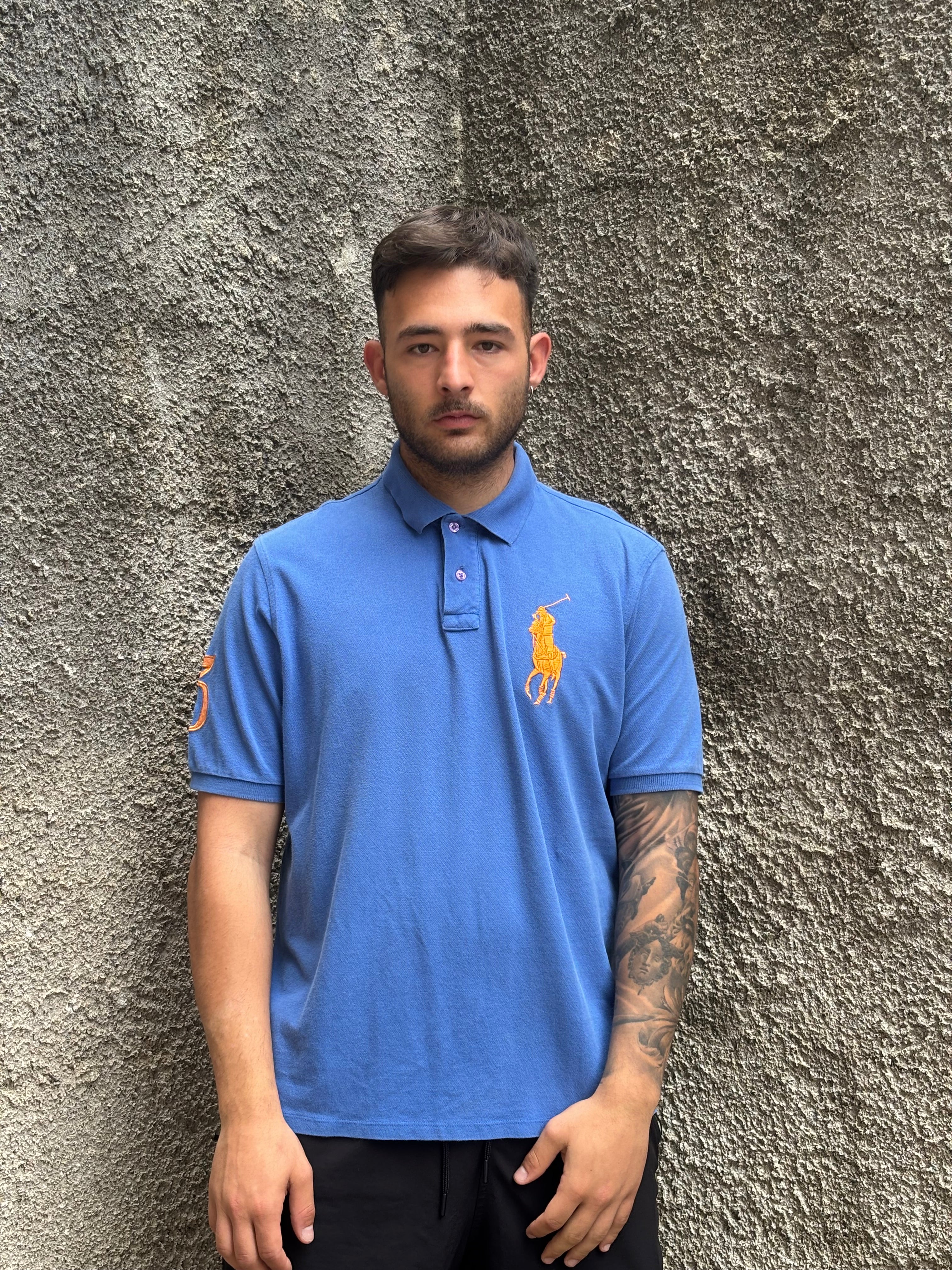Polo Ralph Lauren Uomo Blu Royal Big Pony con Logo Arancione e Patch sulla Manica