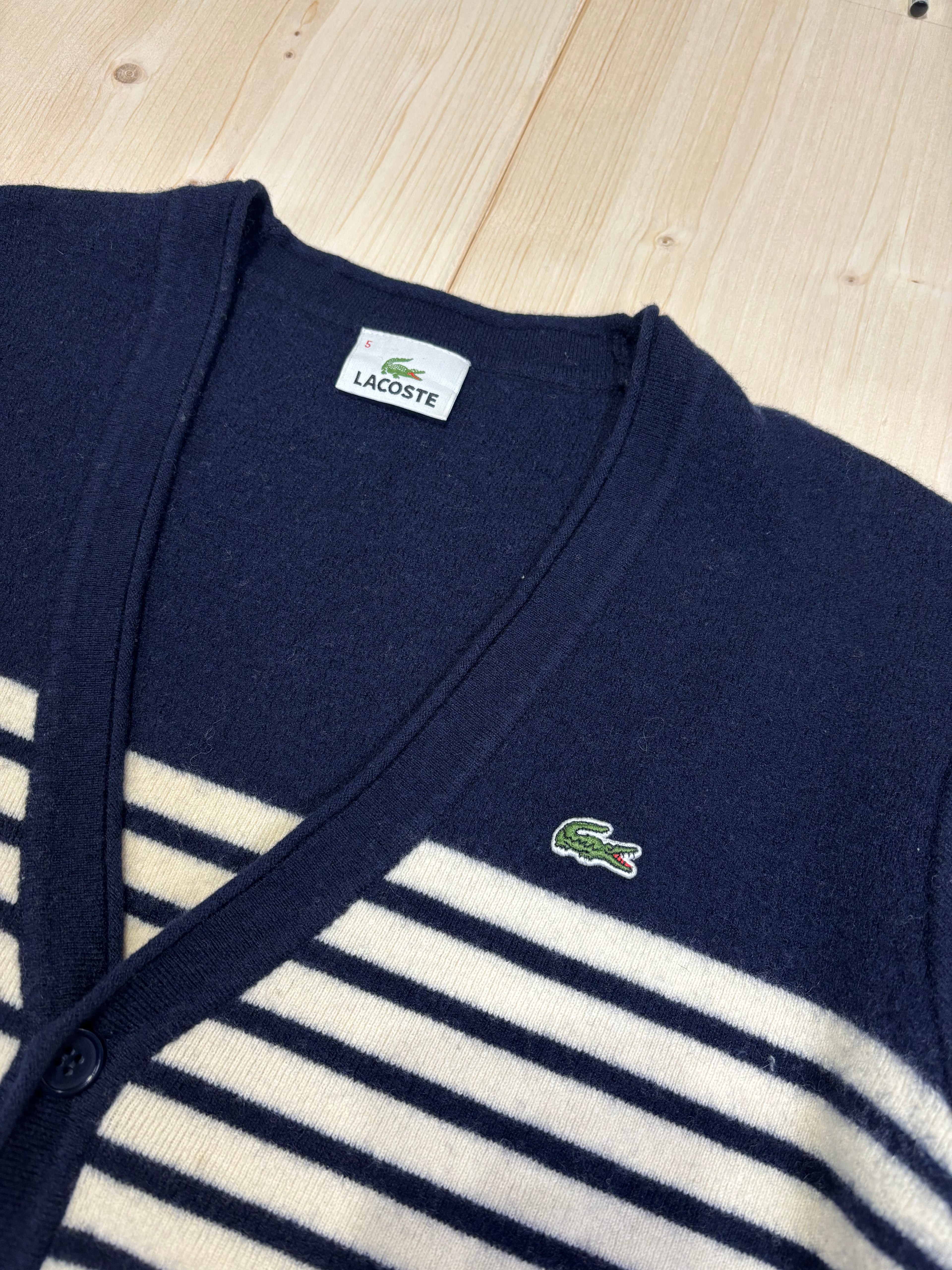 Vintage Lacoste Striped V-Neck Button Cardigan – Navy & Cream
