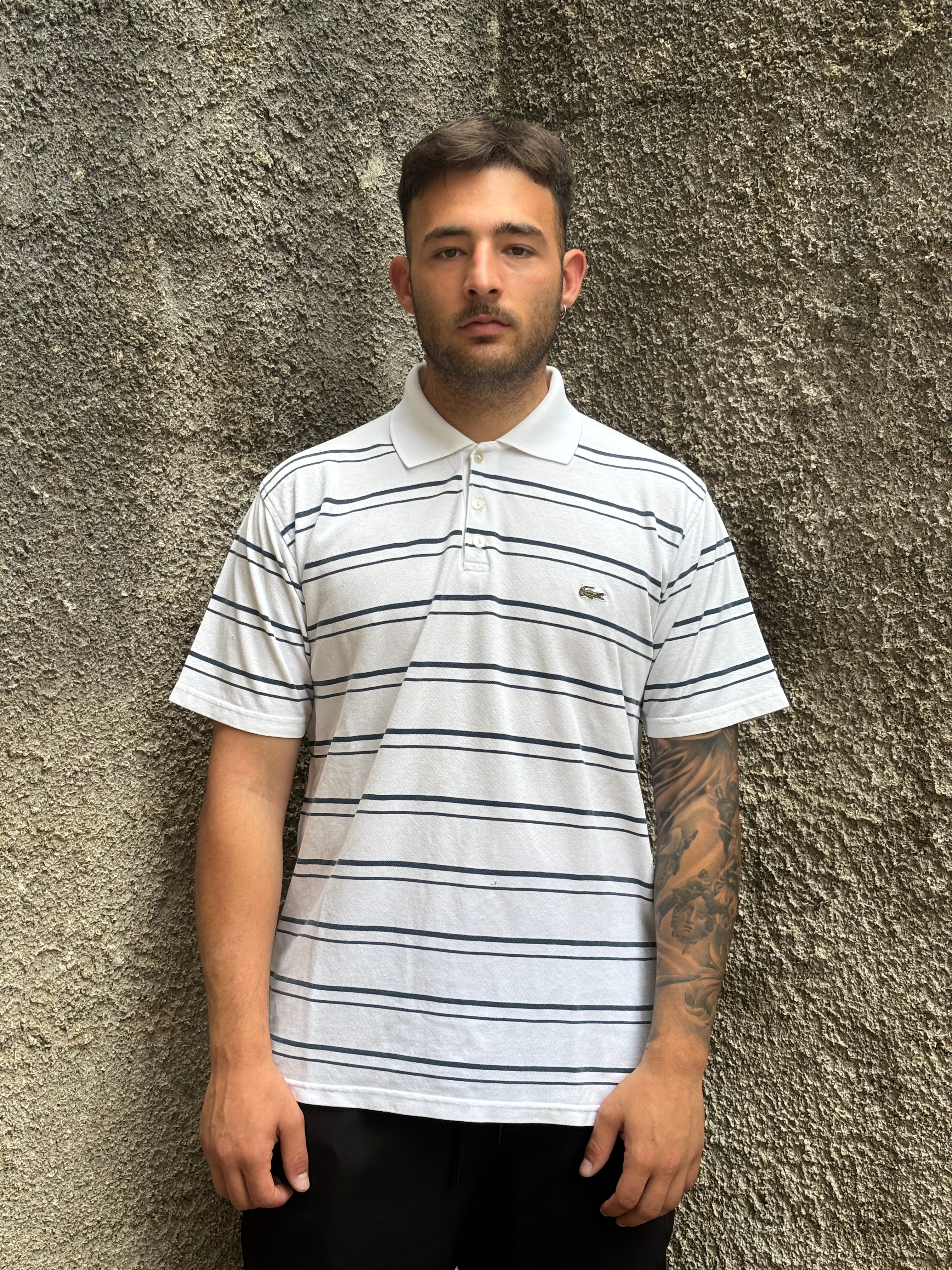Polo Lacoste Uomo Bianca a Righe Blu con Logo Ricamato