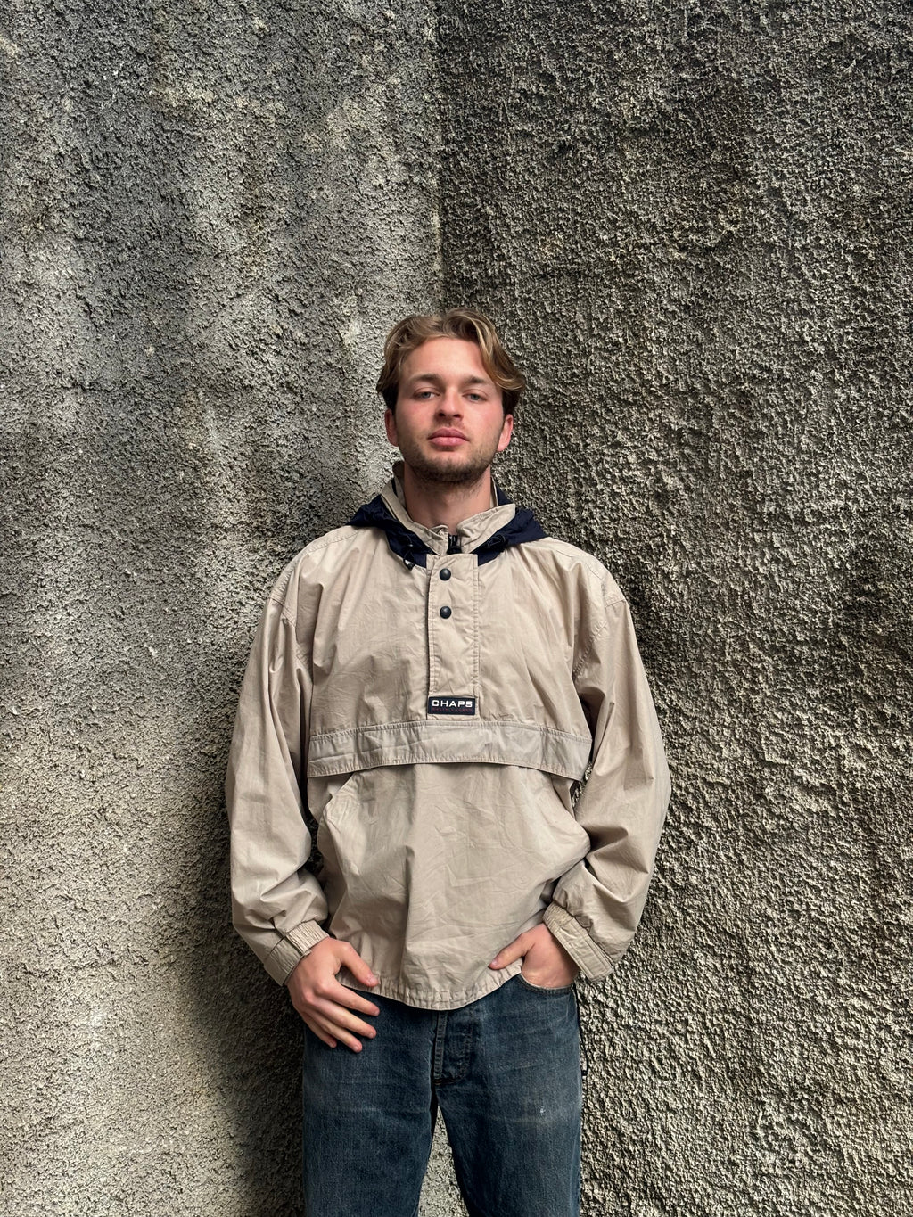 Vintage Chaps Ralph Lauren Hooded Anorak Jacket Beige / Navy