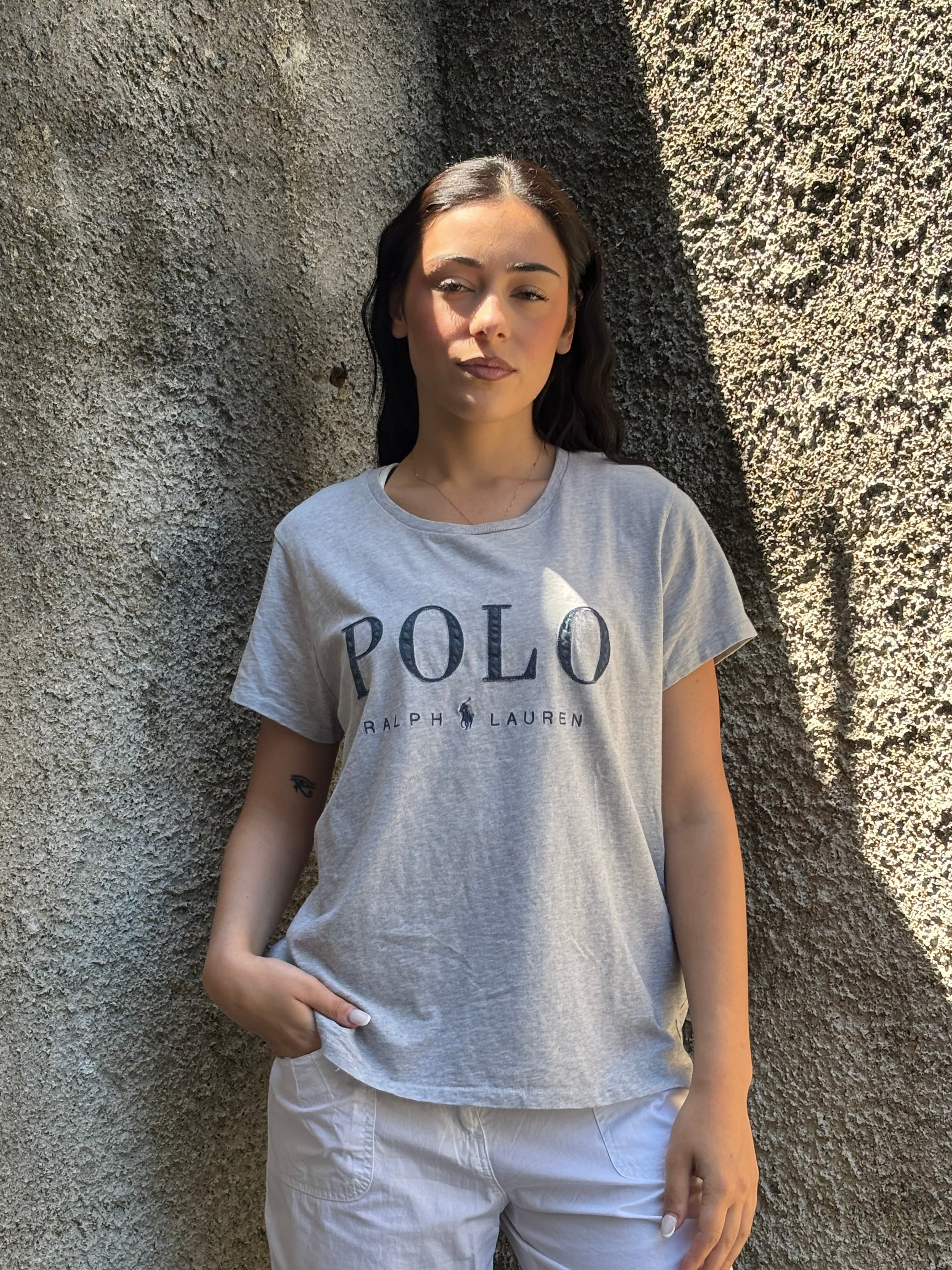 T-Shirt Polo Ralph Lauren Grigia con Logo Frontale - Maglietta Casual Donna