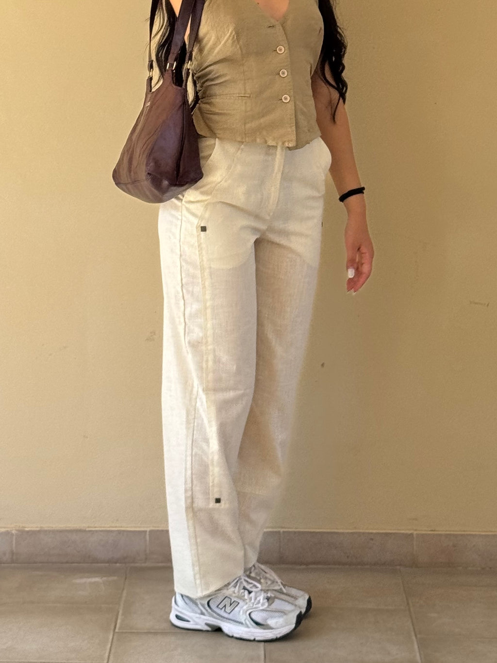 Pantalone Donna Beige in Lino a Vita Alta Vintage