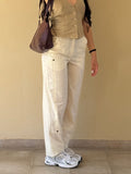 Pantalone Donna Beige in Lino a Vita Alta Vintage