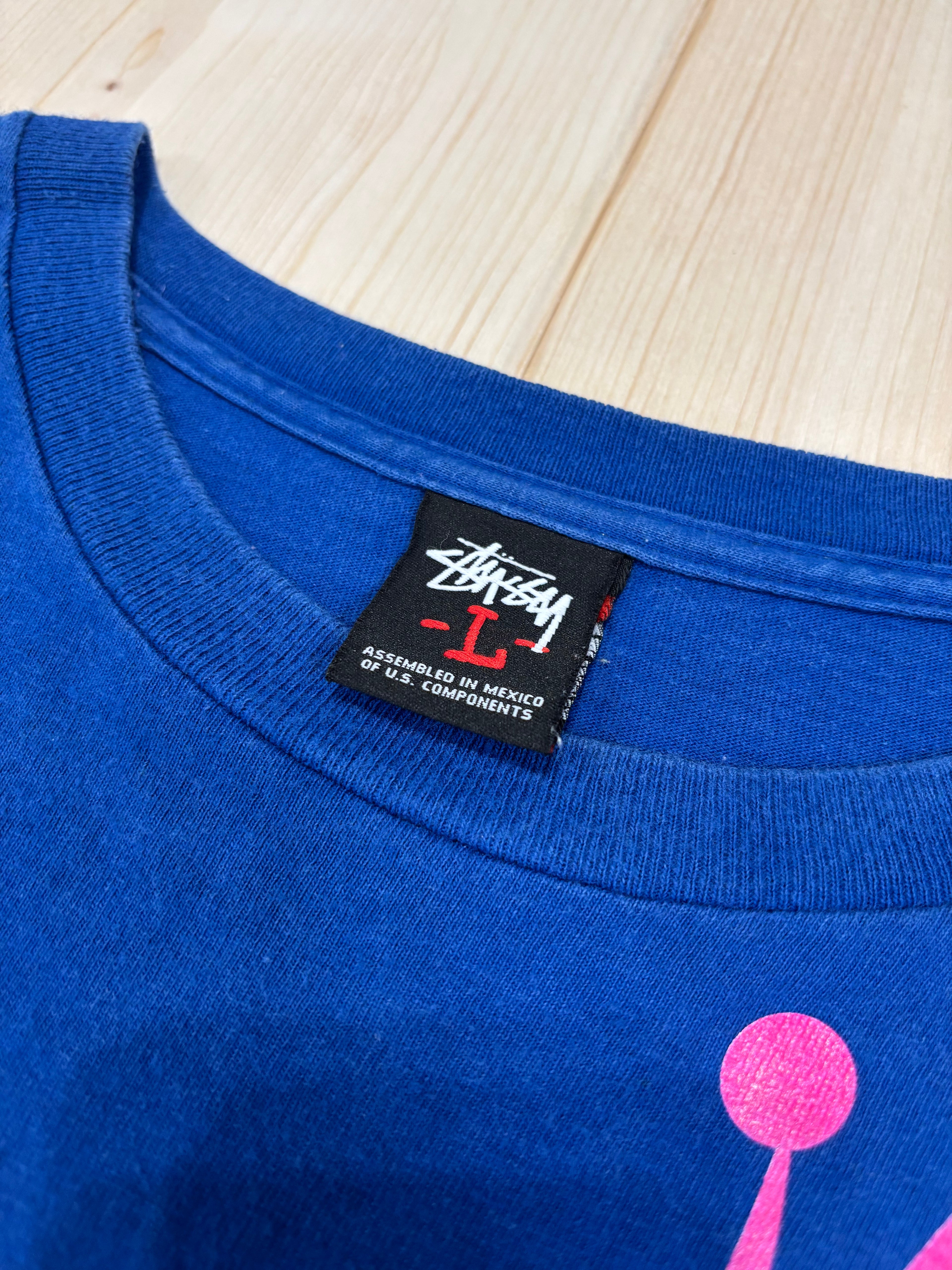 Vintage Stüssy 1980 Logo Graphic T-Shirt Blue Pink Streetwear