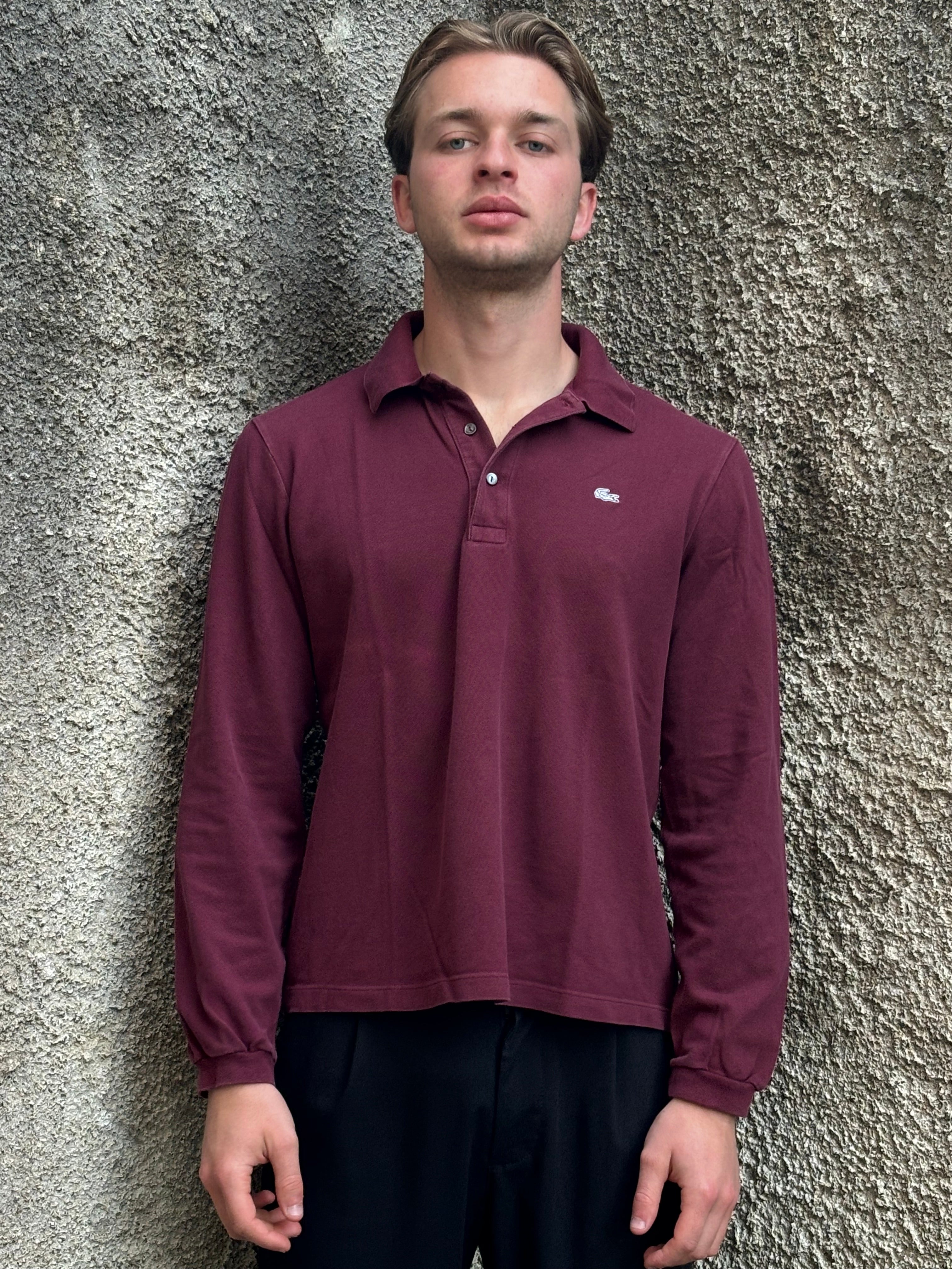 Polo Lacoste Uomo Bordeaux in Cotone a Maniche Lunghe