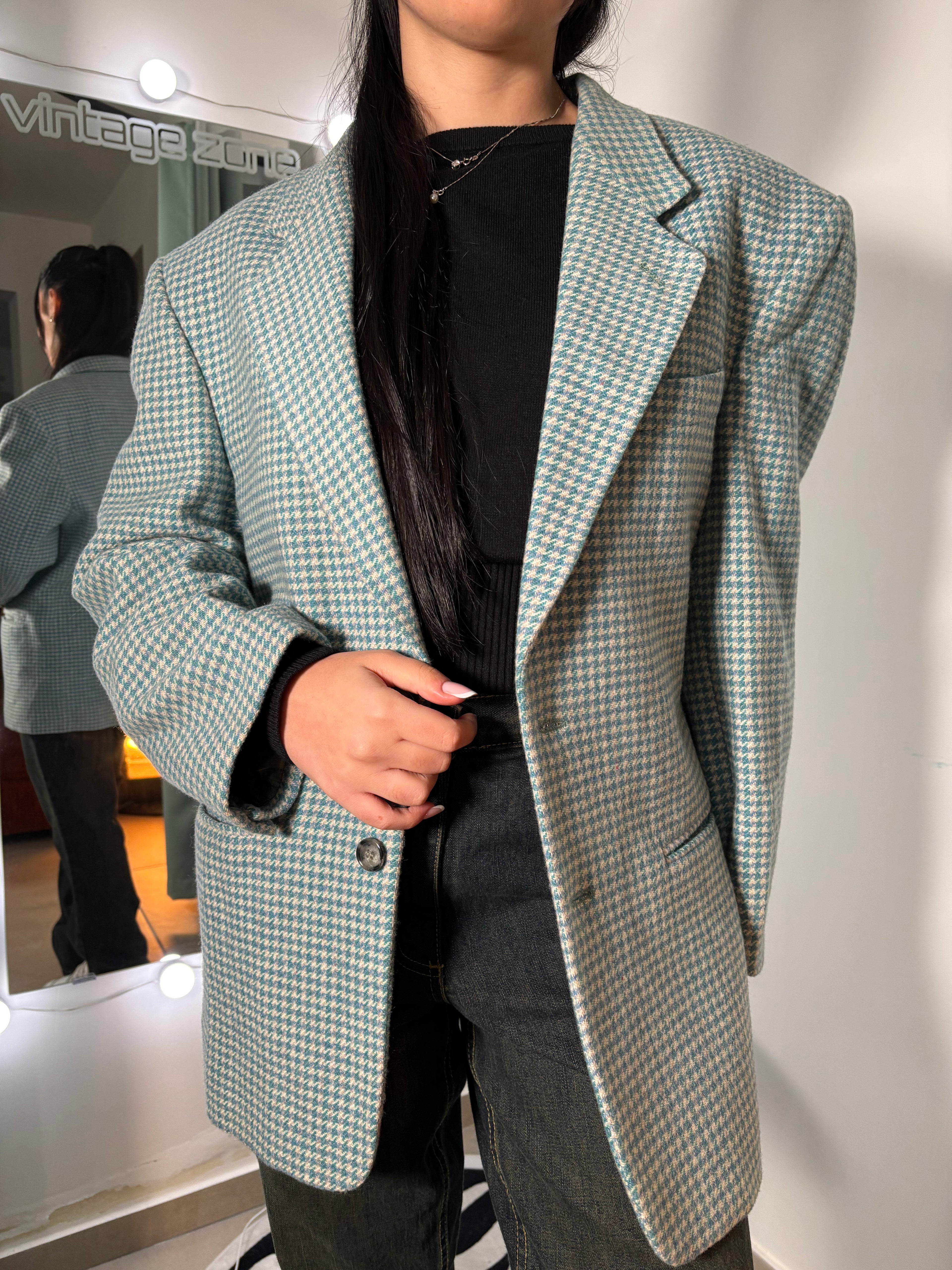 Vintage Stephen Pezzotti Blazer Made in Italy – Turquoise Pied de Poule, Lana Mix (80% Lana), Oversized Fit