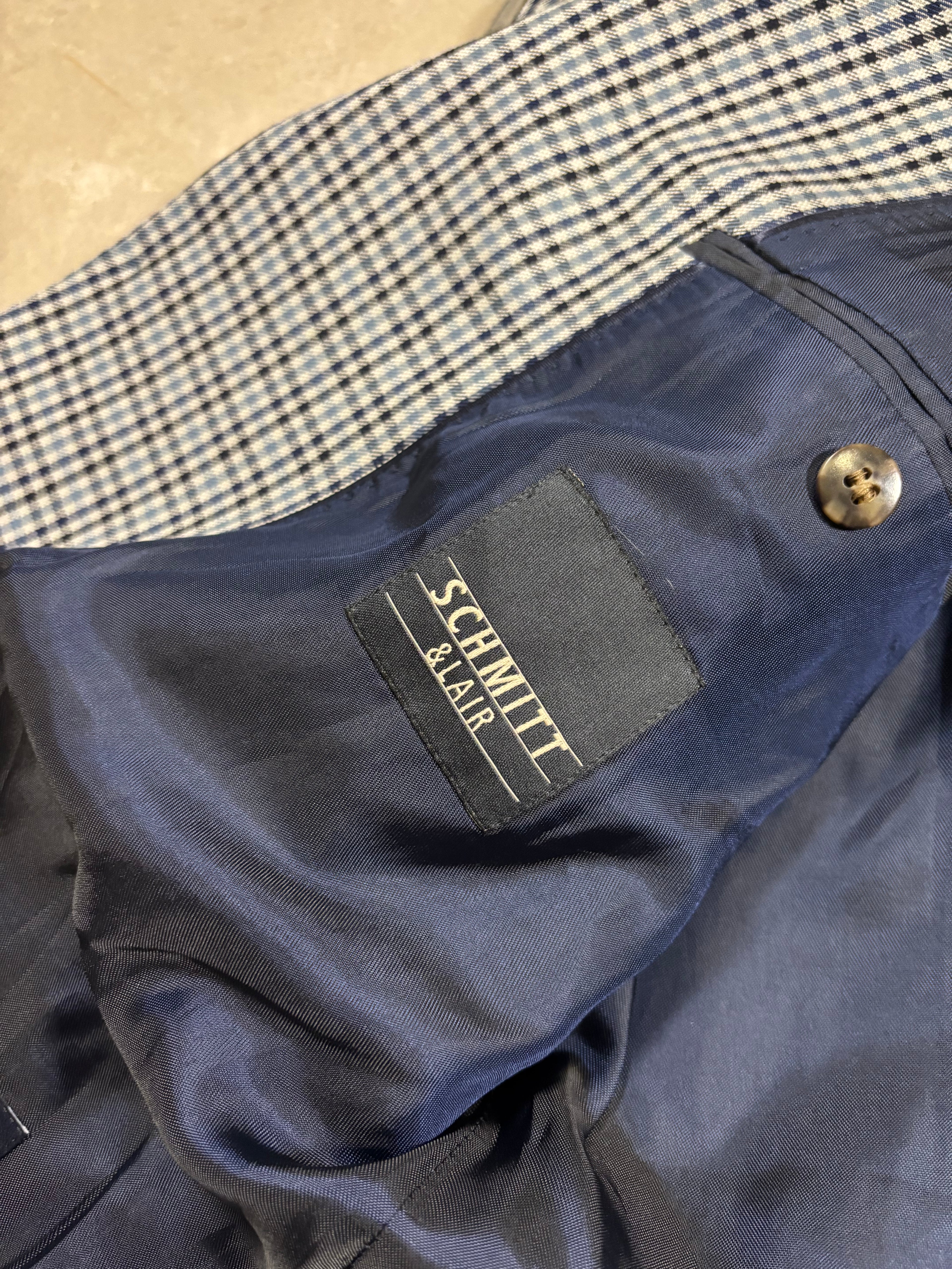 Vintage Schmitt & Lair Blazer Wool & Silk – Micro Check Blu & Bianco, Made in Germany