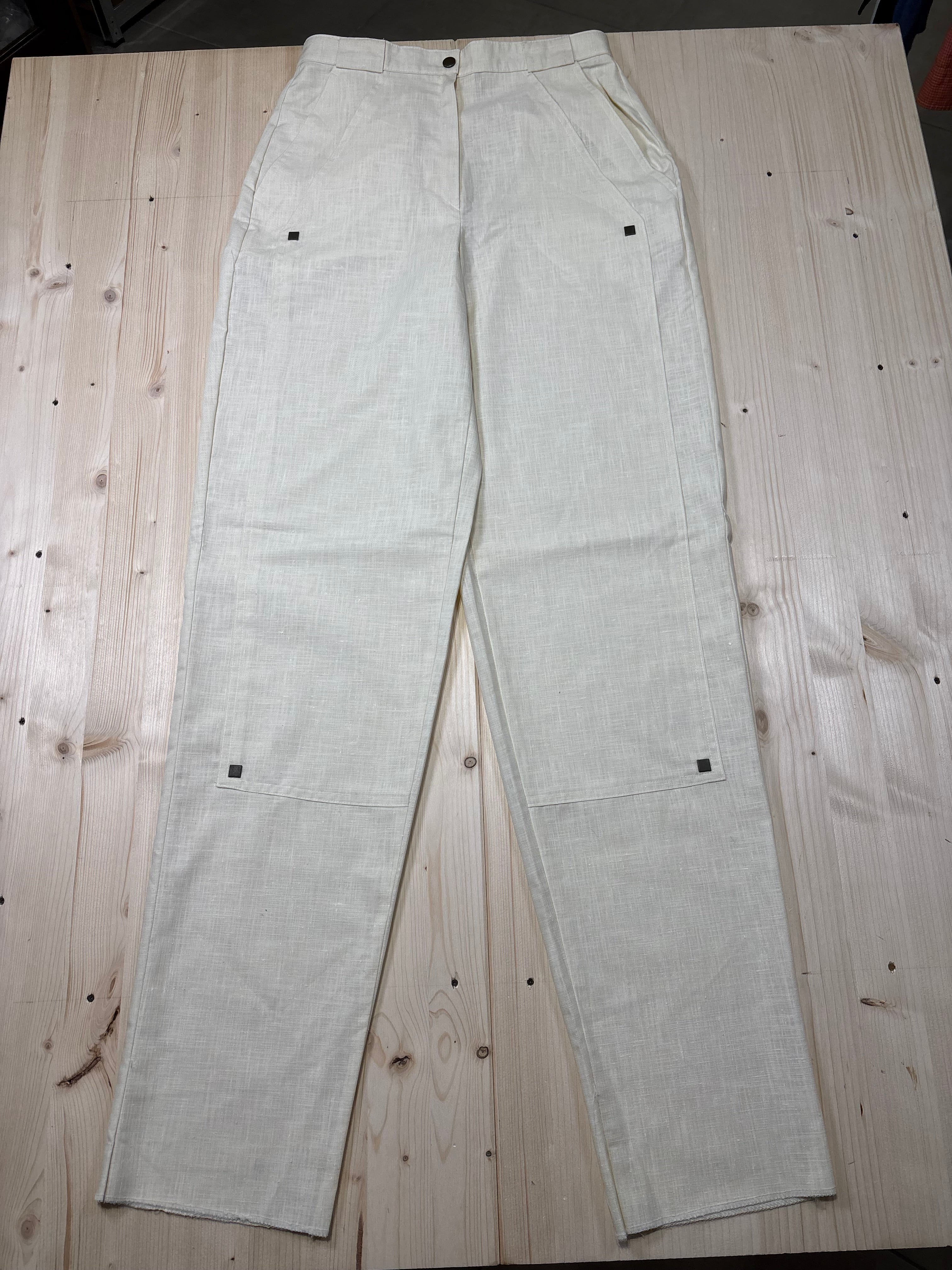 Pantalone Donna Beige in Lino a Vita Alta Vintage