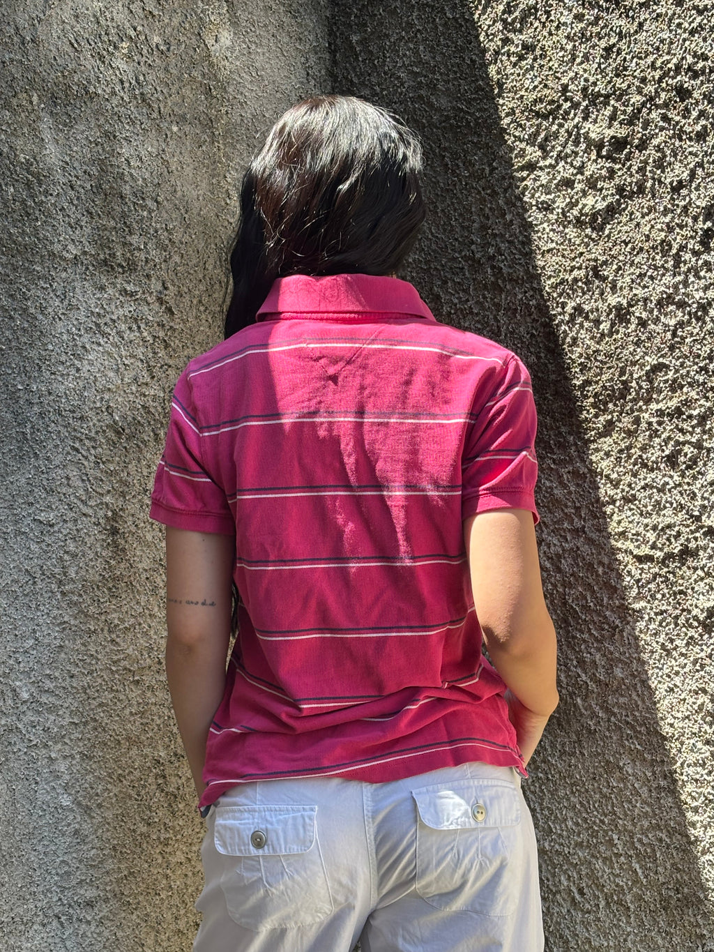 Polo Hilfiger Denim Fucsia a Righe Orizzontali - Maglietta Vintage Donna