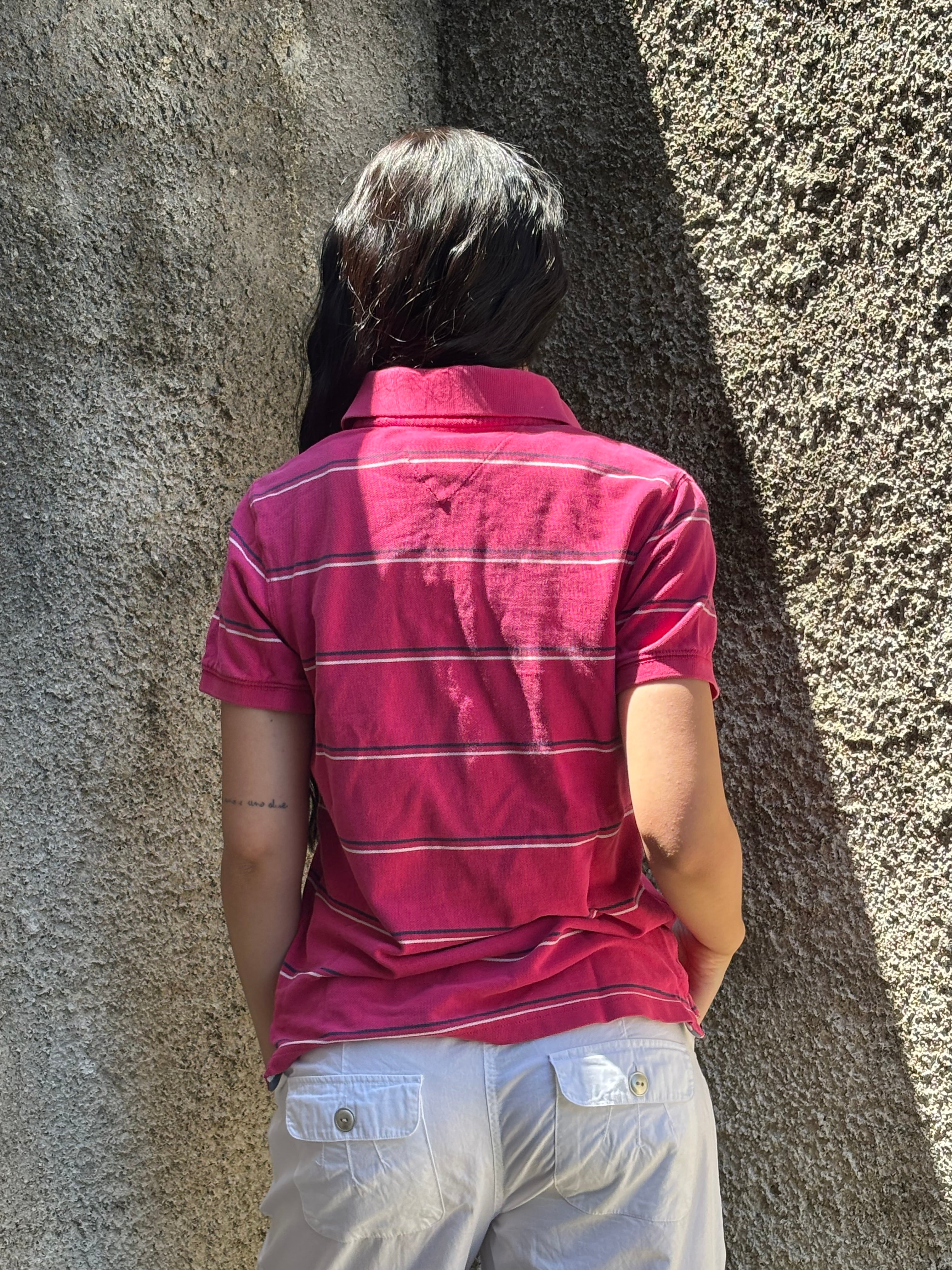 Polo Hilfiger Denim Fucsia a Righe Orizzontali - Maglietta Vintage Donna