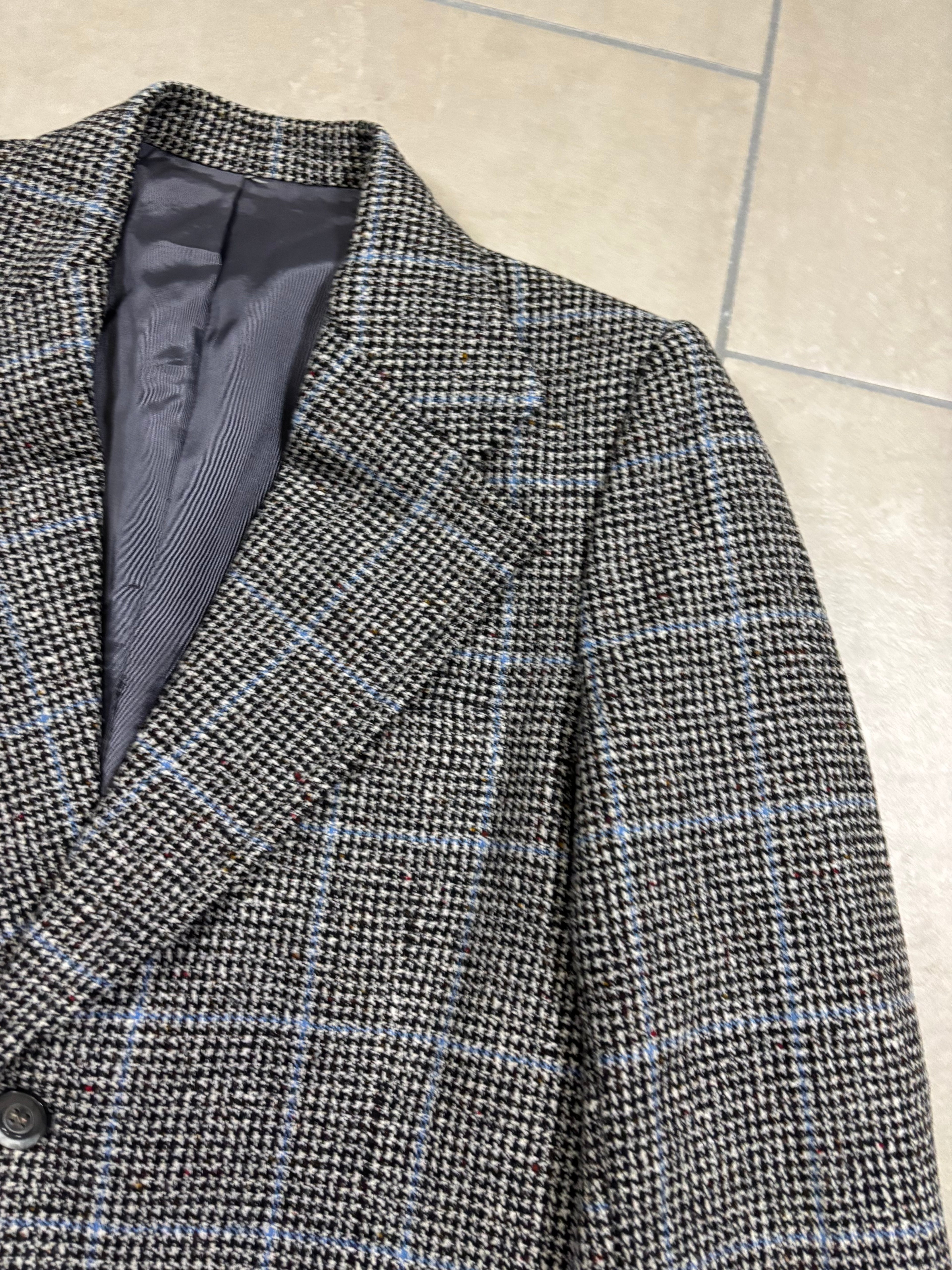 Vintage Italian Tweed Blazer – Grey Houndstooth & Blue Windowpane Check, Oversized Fit
