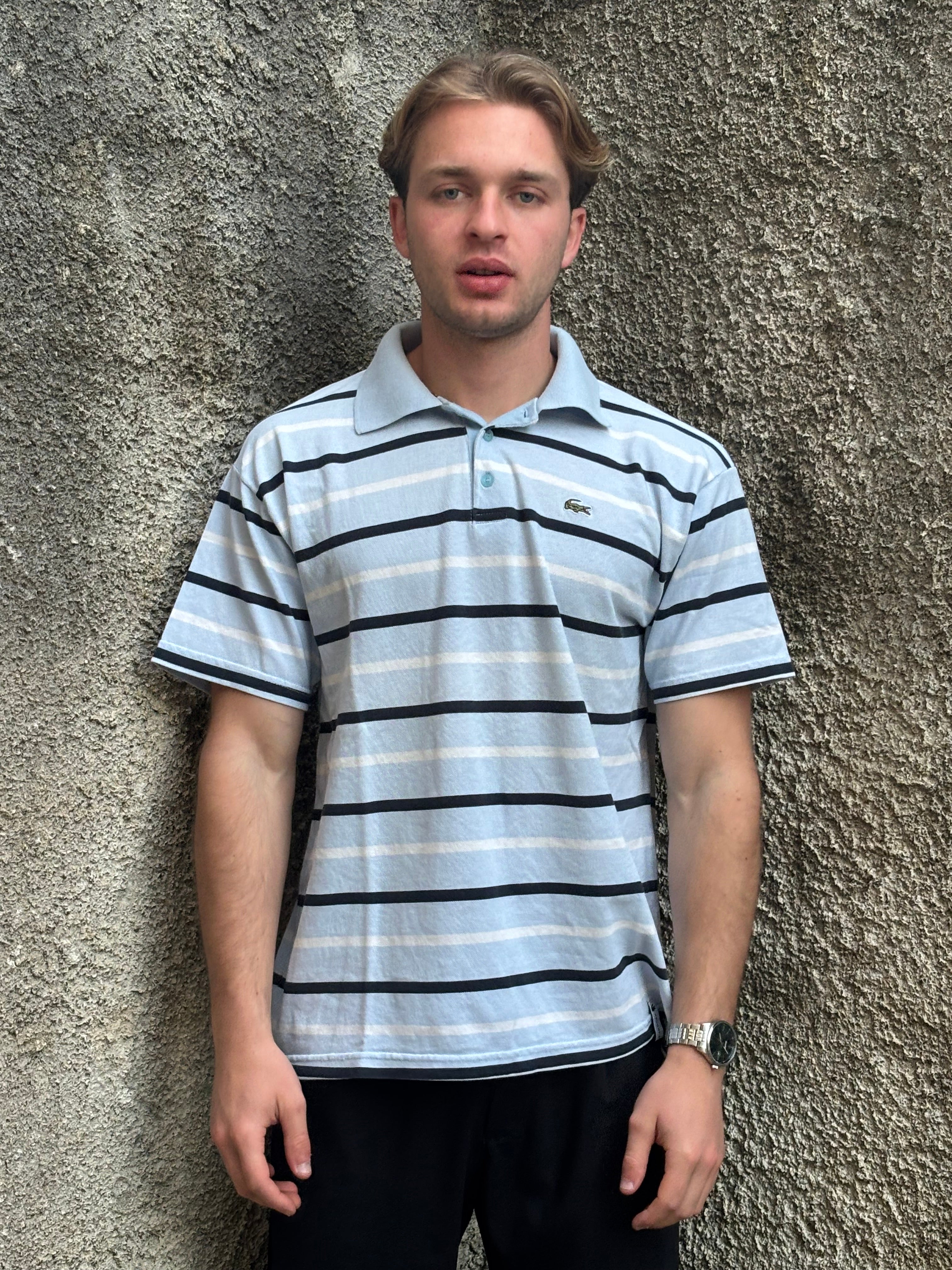Polo Lacoste Uomo Azzurro Chiaro a Righe Orizzontali con Logo