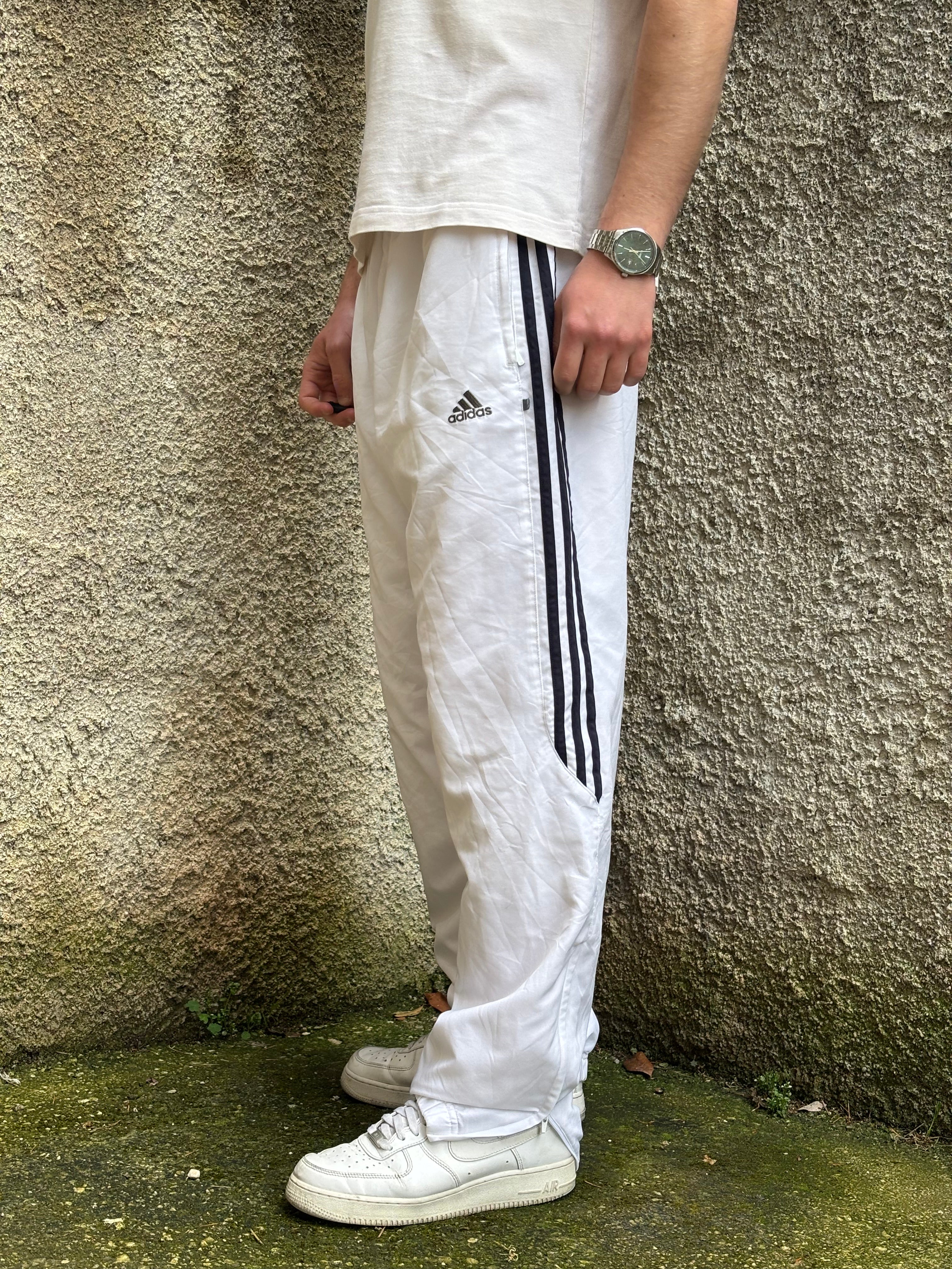 Adidas Vintage Cream Track Pants with Blue Navy Side Stripes