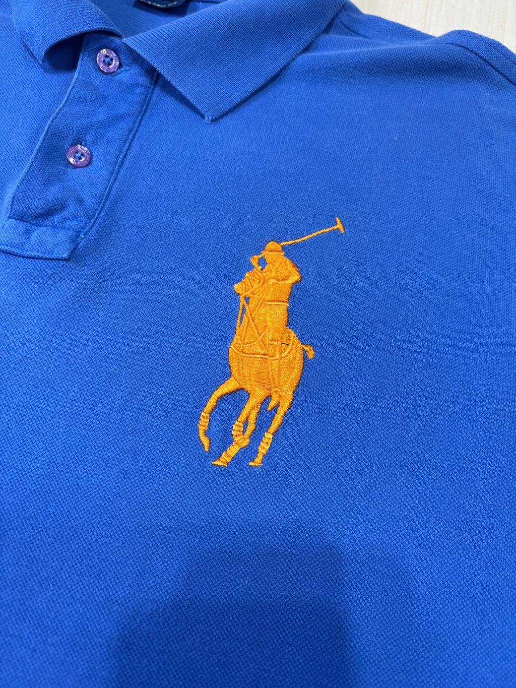 Polo Ralph Lauren Uomo Blu Royal Big Pony con Logo Arancione e Patch sulla Manica
