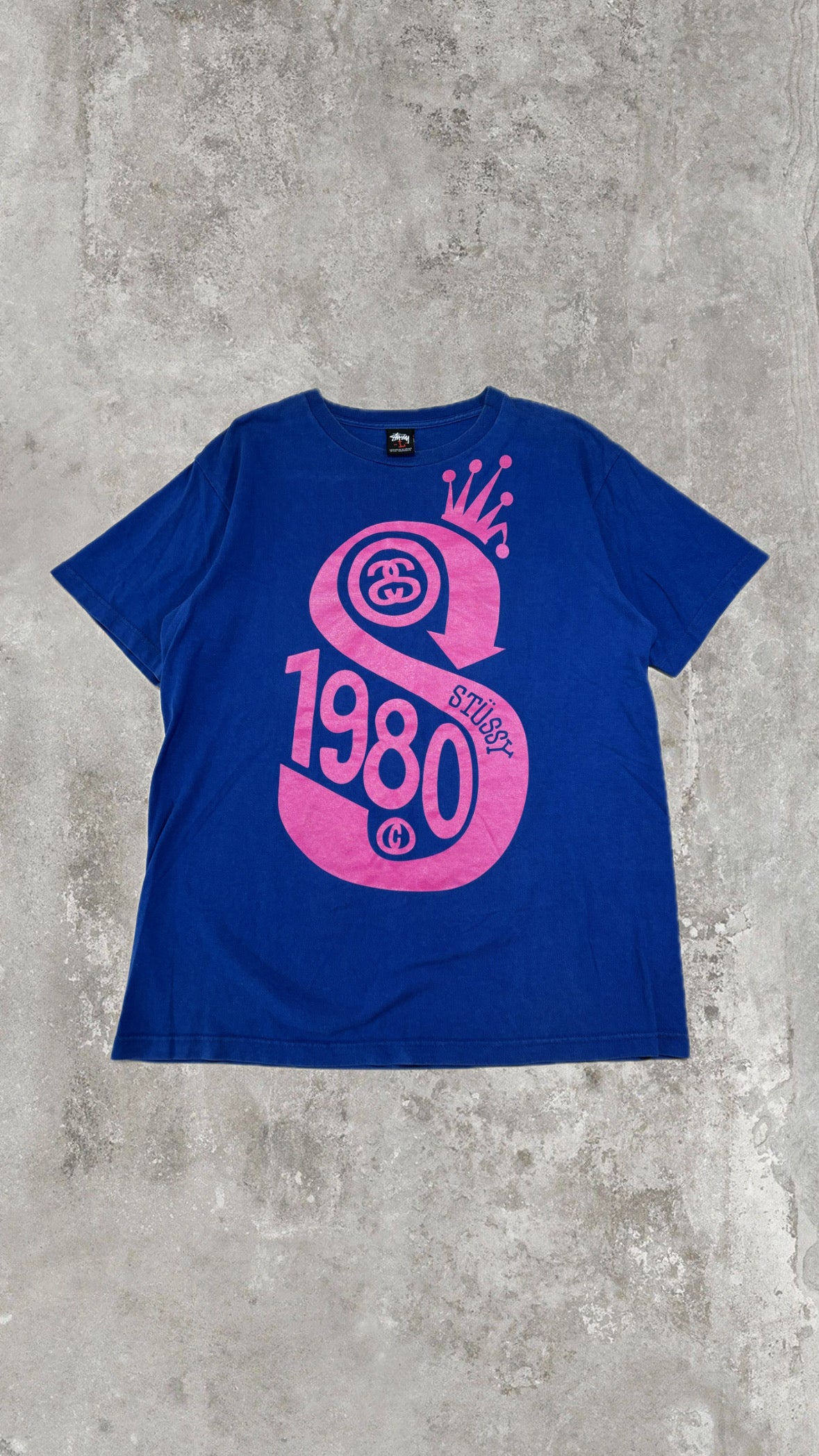 Vintage Stüssy 1980 Logo Graphic T-Shirt Blue Pink Streetwear