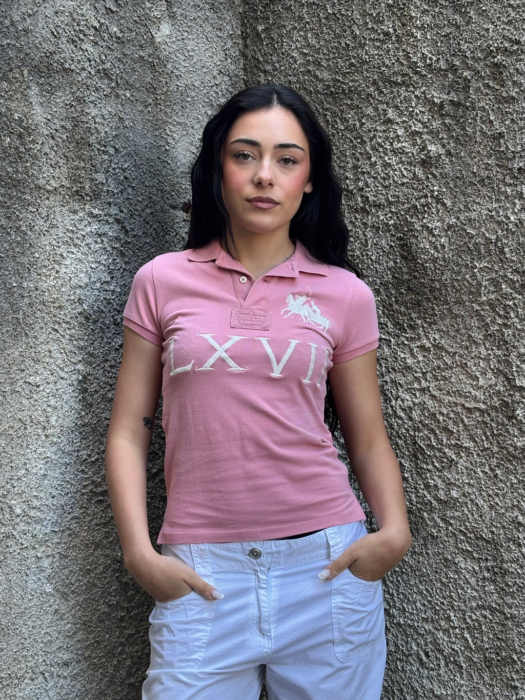 Polo Ralph Lauren Rosa con Maxi Logo e Numeri Romani LXVII - Slim Fit Donna