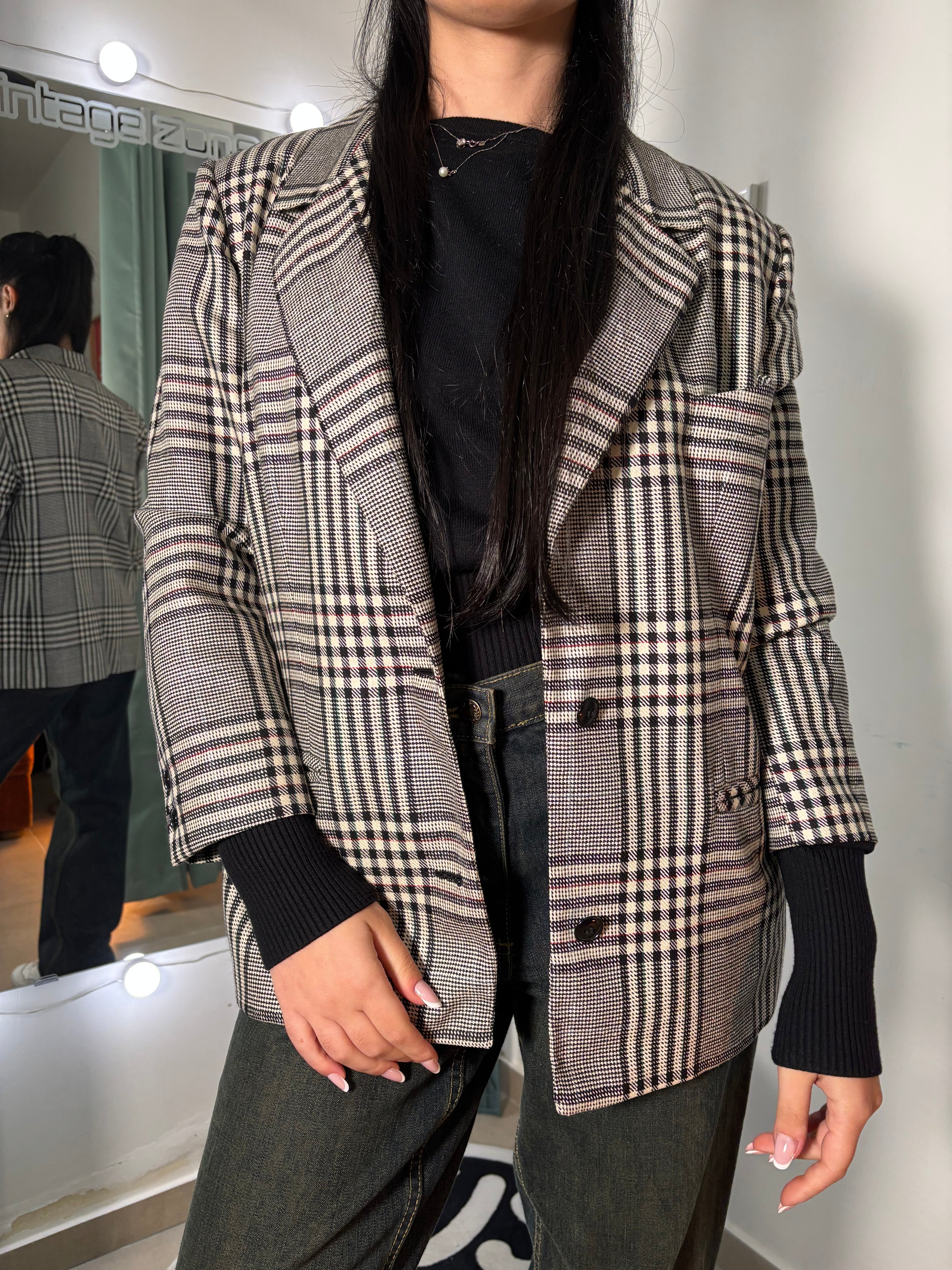 Vintage Byblos Blazer Black & White Plaid – 2 bottoni, Fit Oversize, Style Y2K