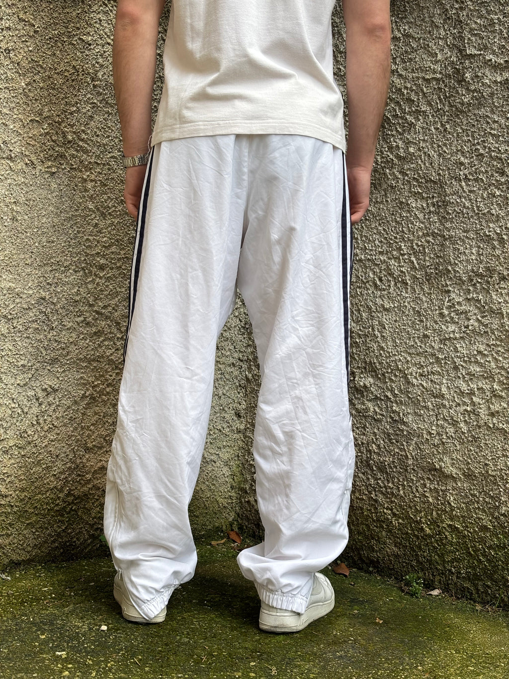 Adidas Vintage Cream Track Pants with Blue Navy Side Stripes