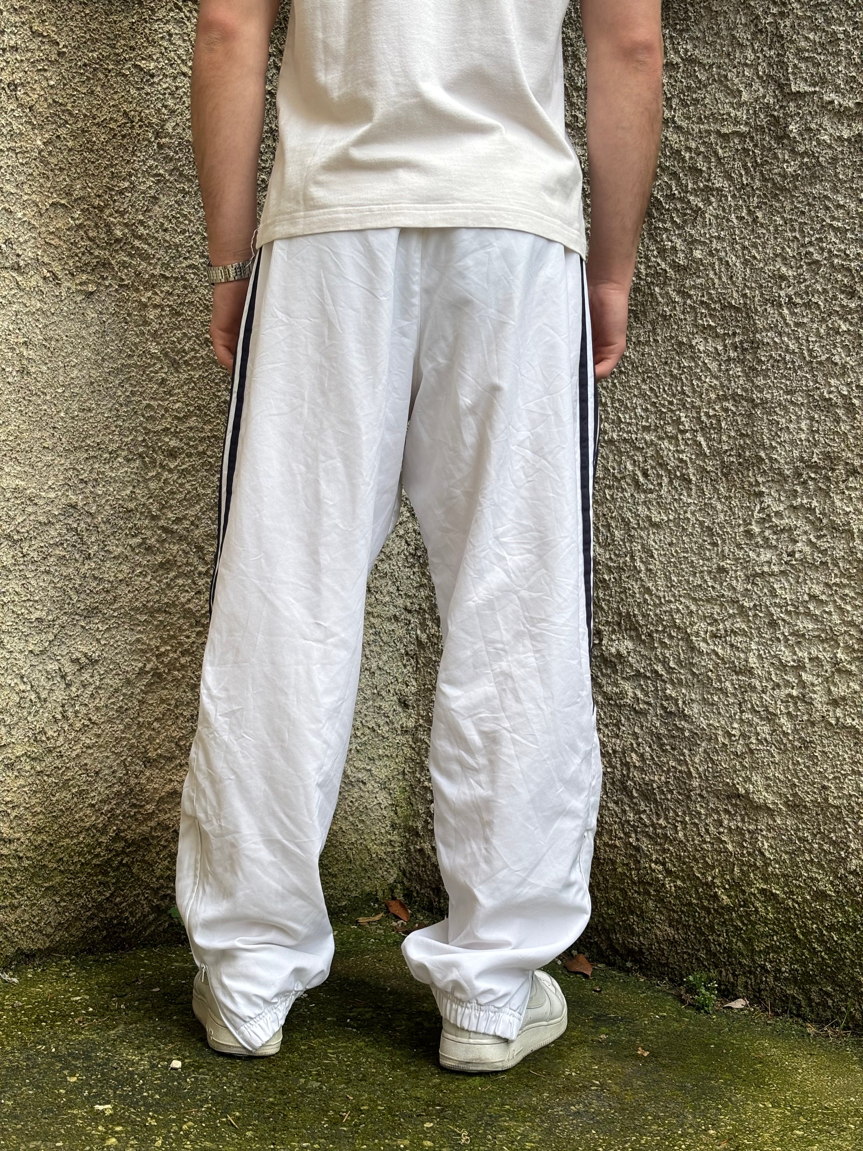 Adidas Vintage Cream Track Pants with Blue Navy Side Stripes