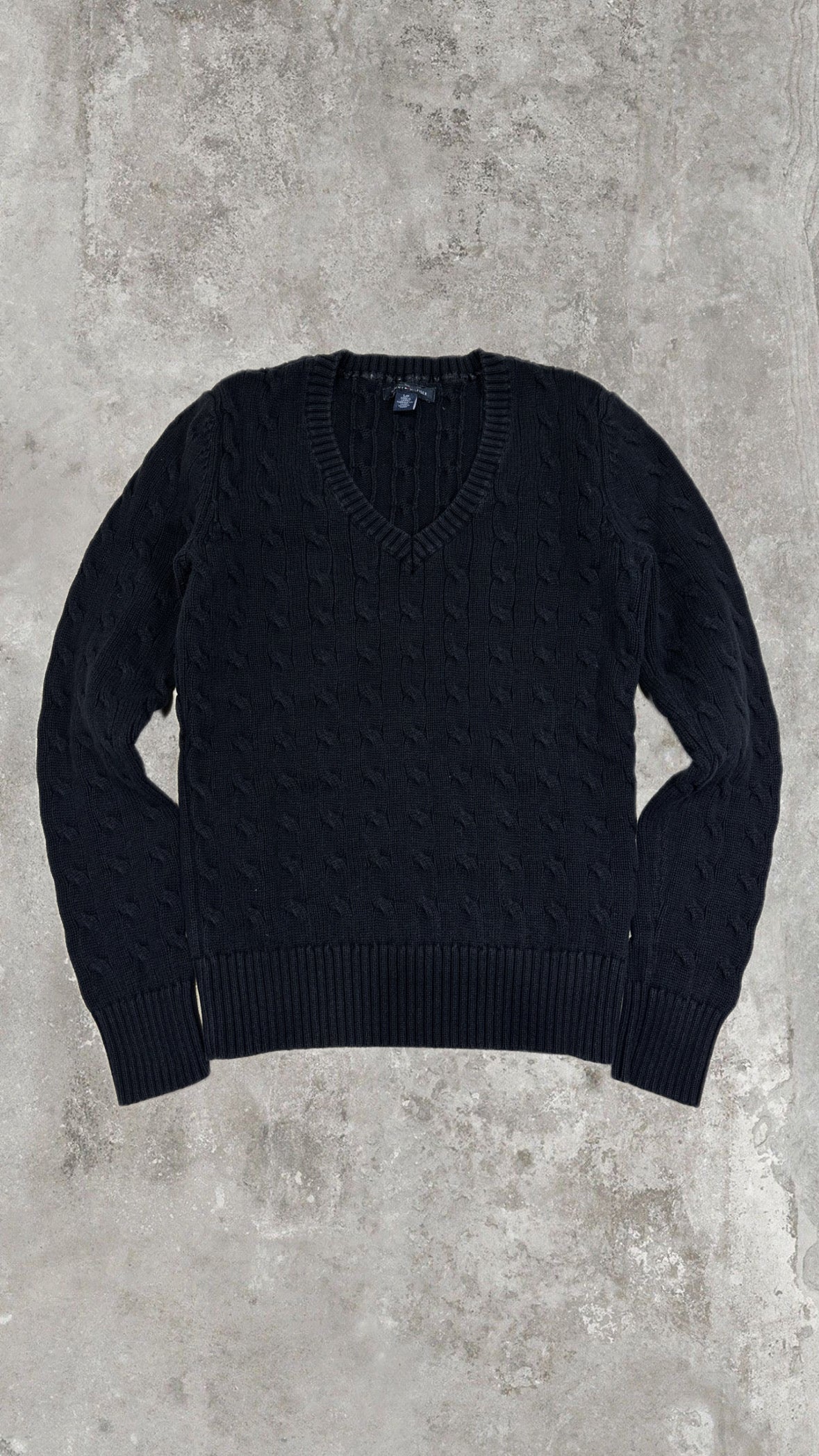 Vintage Tommy Hilfiger Cable Knit V-Neck Sweater – Black