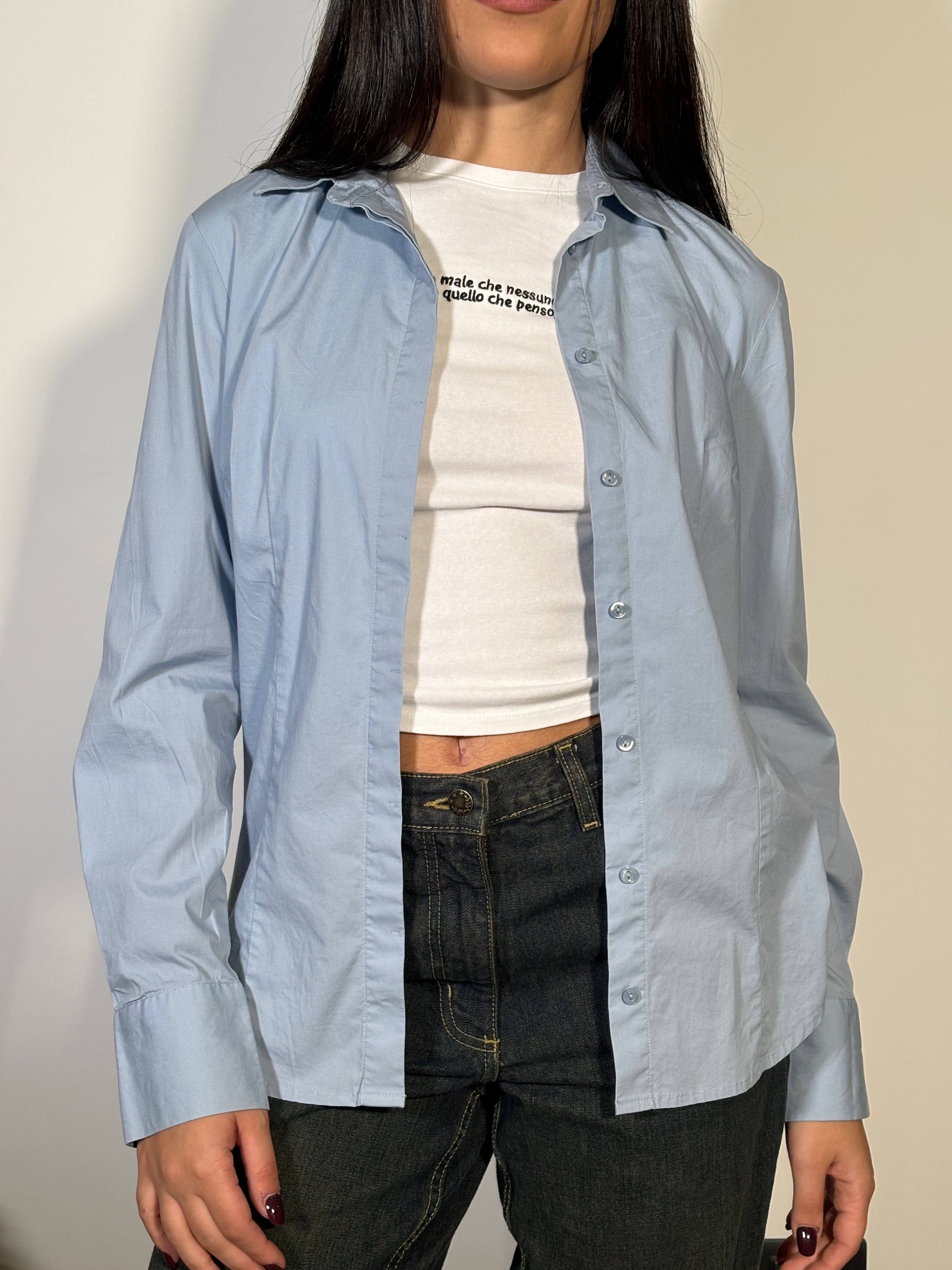 Camicia Donna Benetton Azzurra a Manica Lunga Vintage
