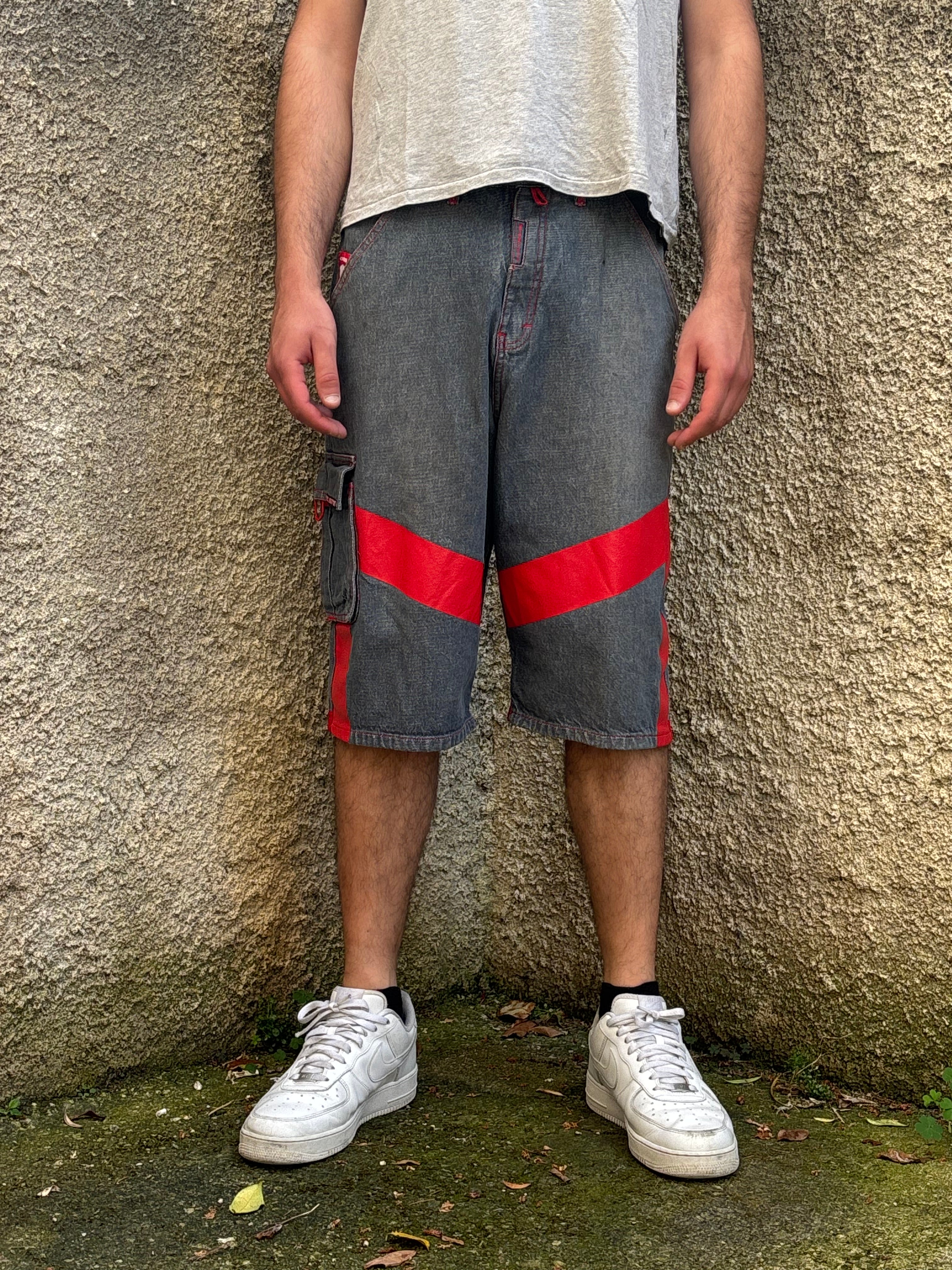 Bermuda Vintage MOJEANS Denim Baggy con Inserti Rossi