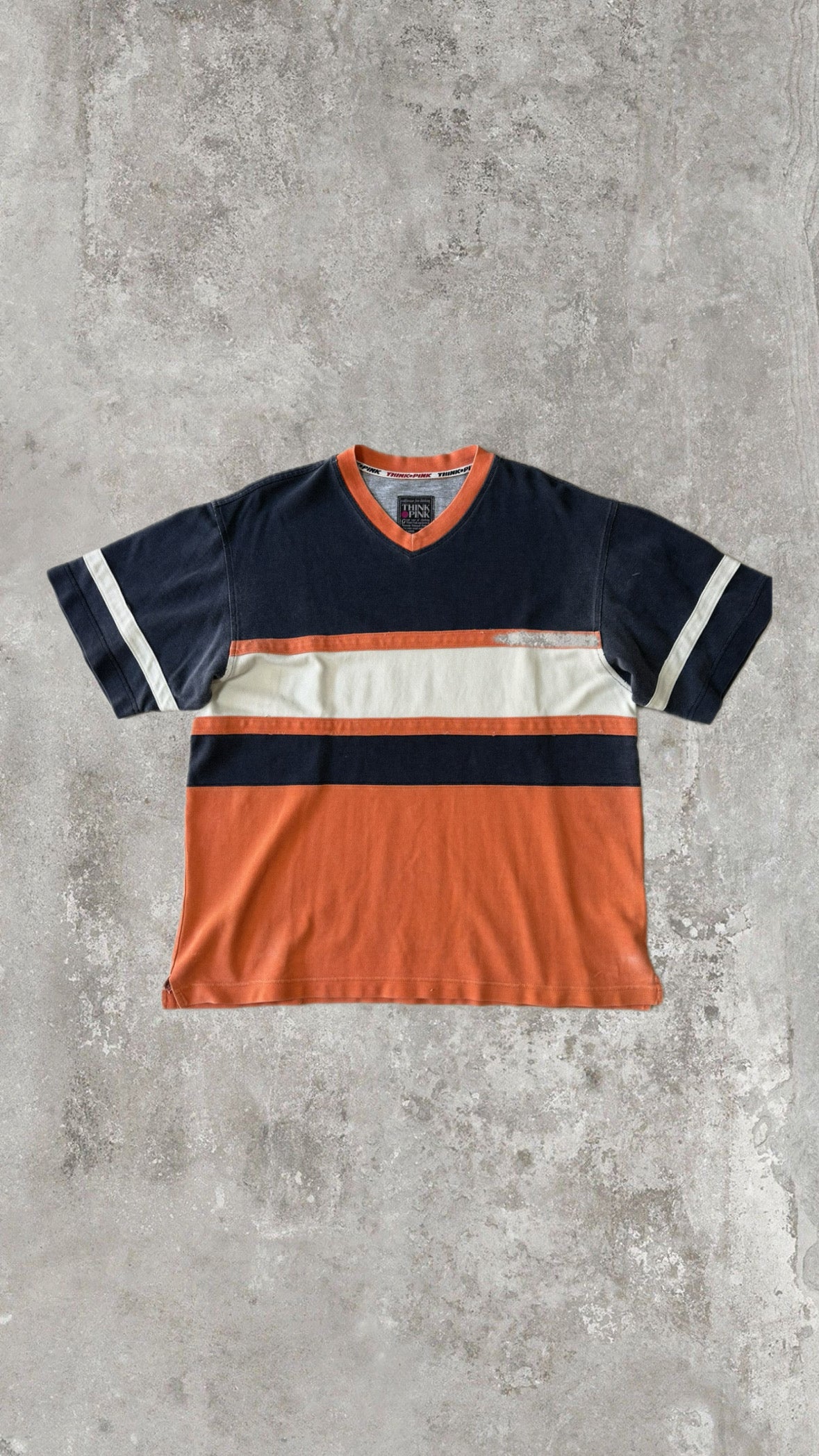 Think Pink Colour Block V-Neck T-Shirt Navy Orange