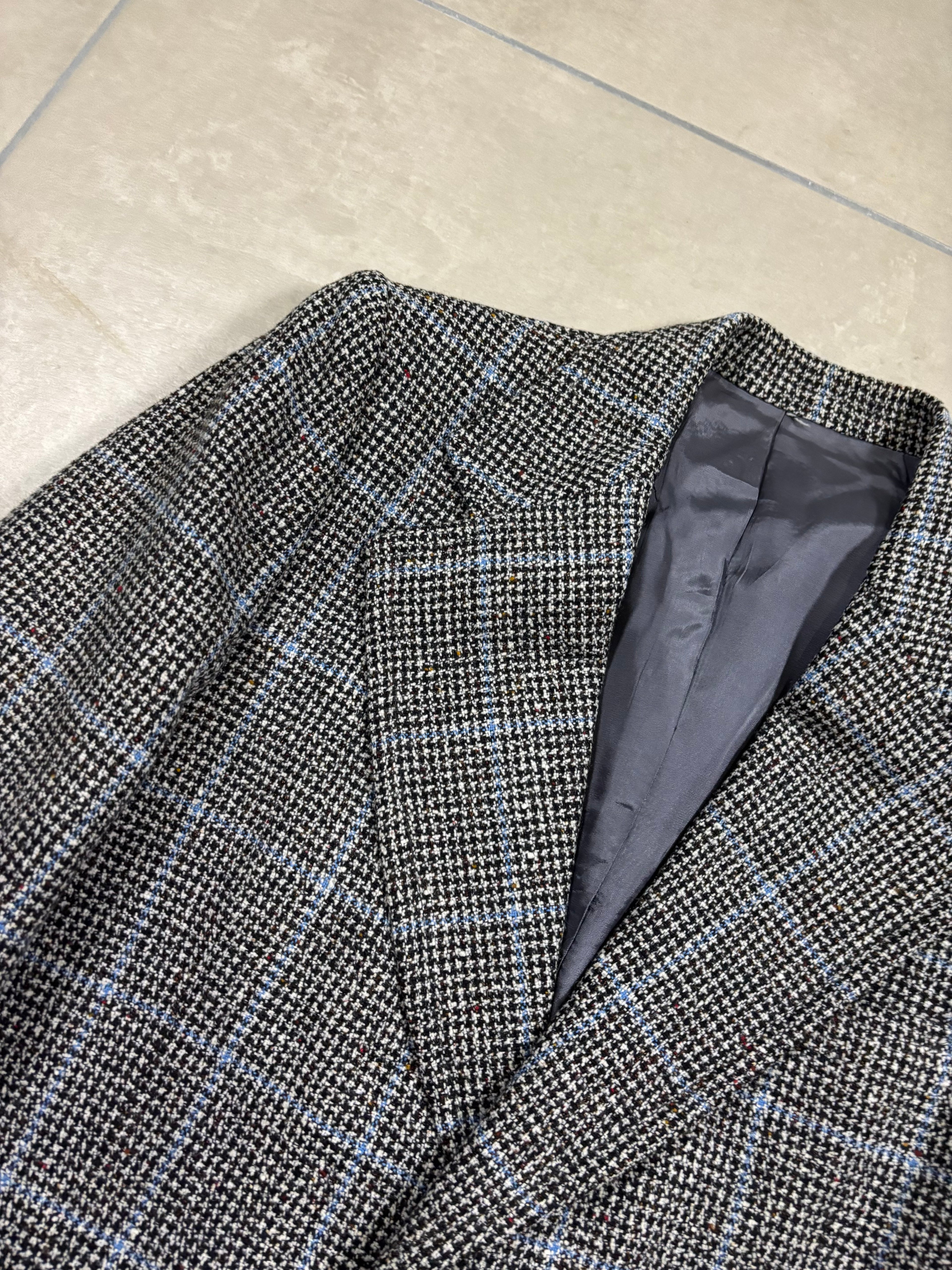 Vintage Italian Tweed Blazer – Grey Houndstooth & Blue Windowpane Check, Oversized Fit