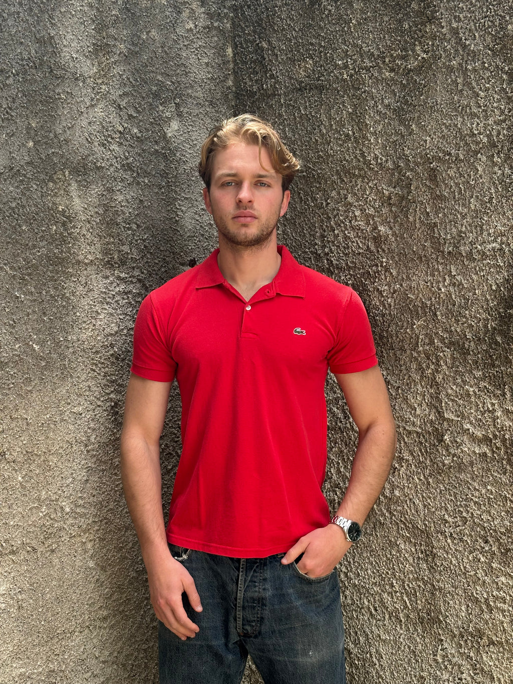 Polo Lacoste Rossa Vintage Logo Ricamato