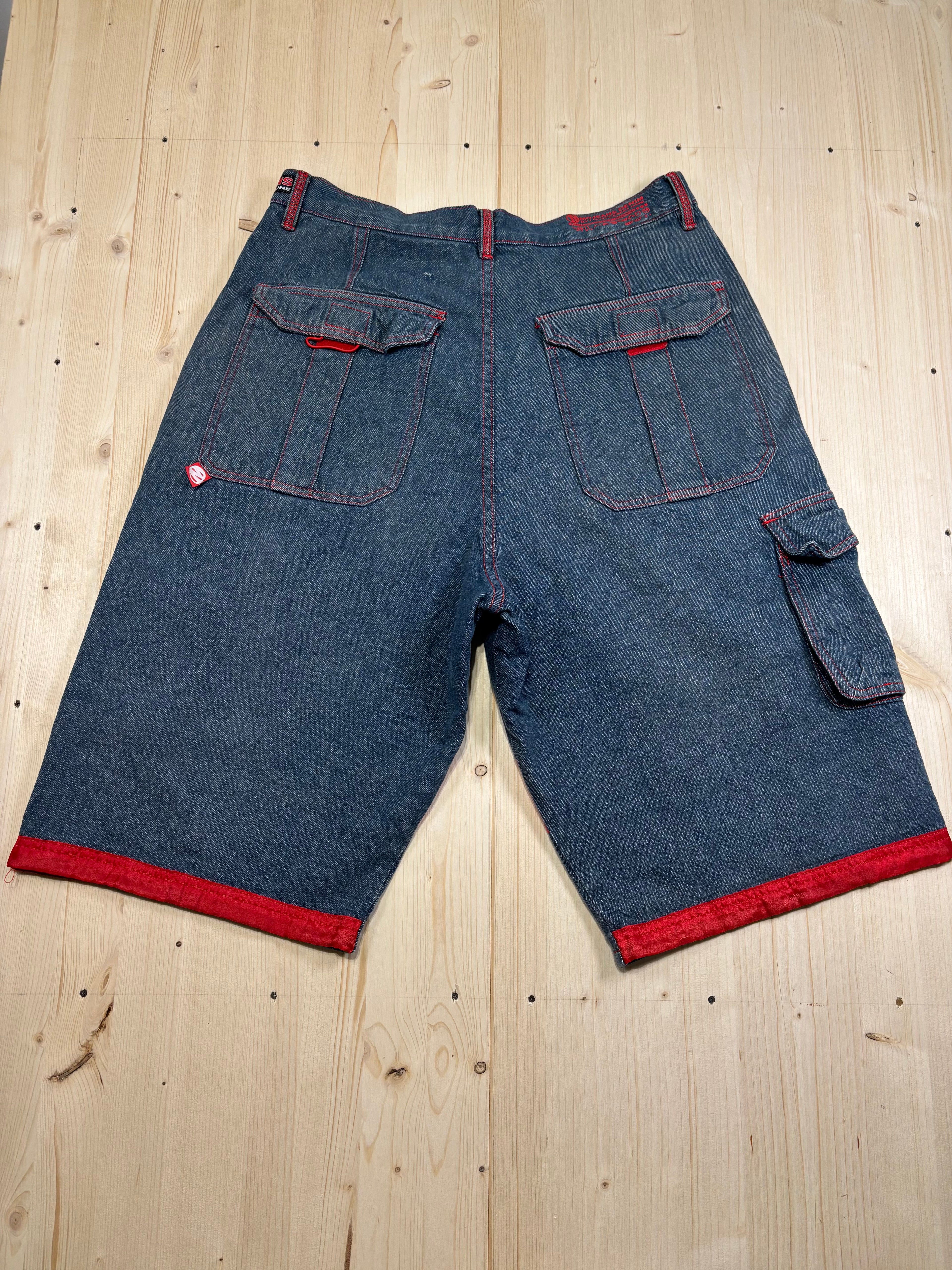 Bermuda Vintage MOJEANS Denim Baggy con Inserti Rossi