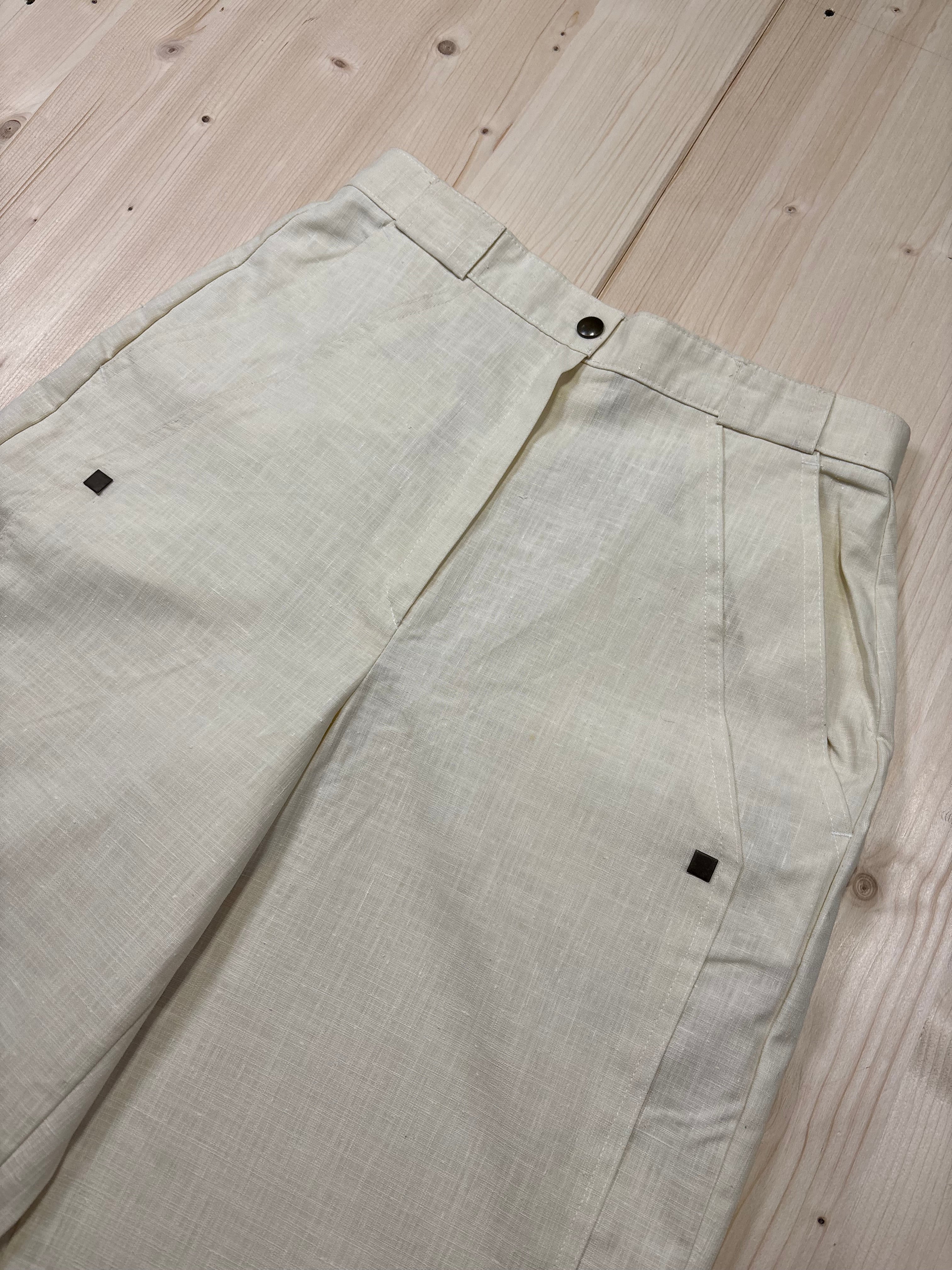 Pantalone Donna Beige in Lino a Vita Alta Vintage