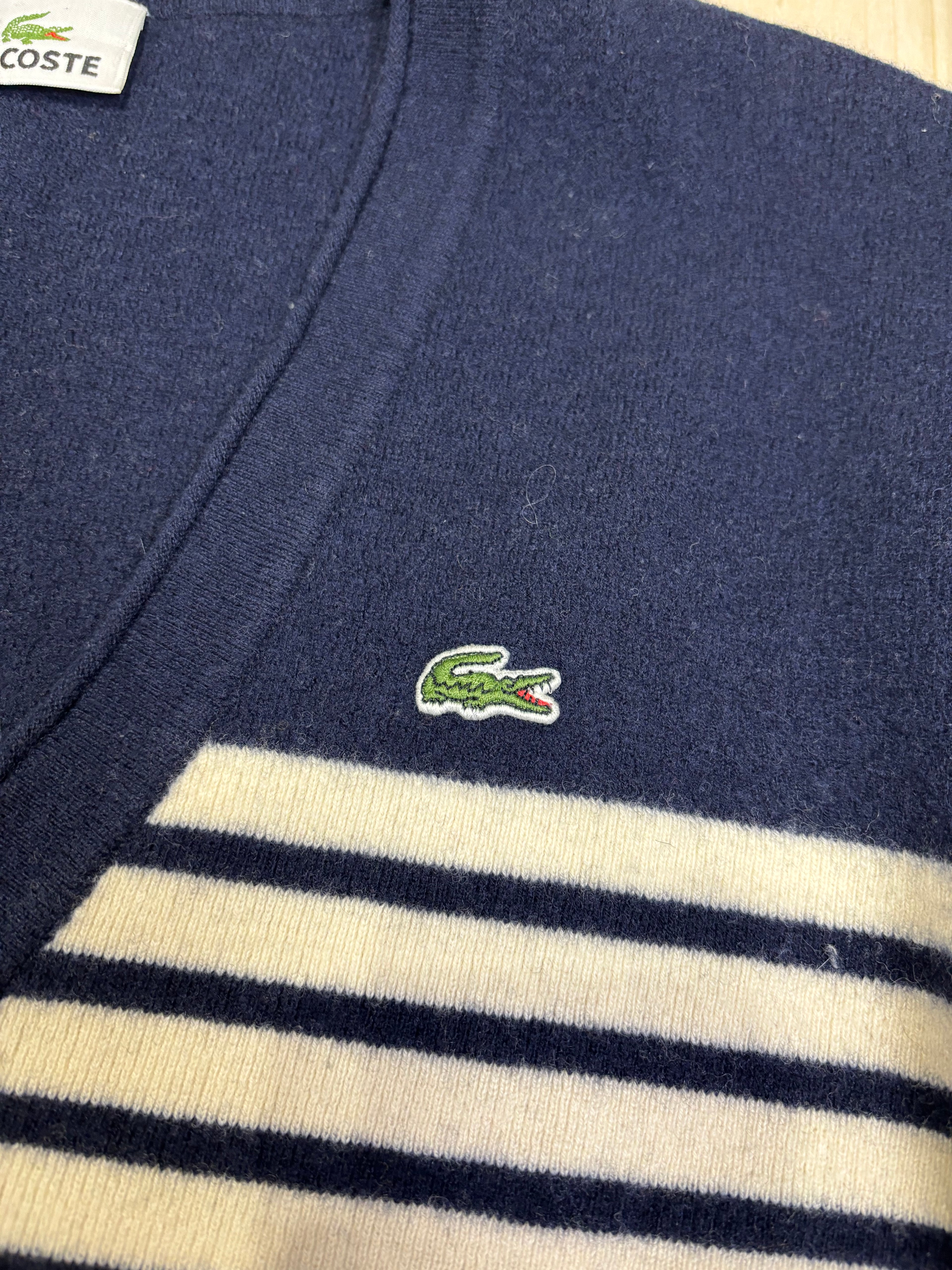 Vintage Lacoste Striped V-Neck Button Cardigan – Navy & Cream