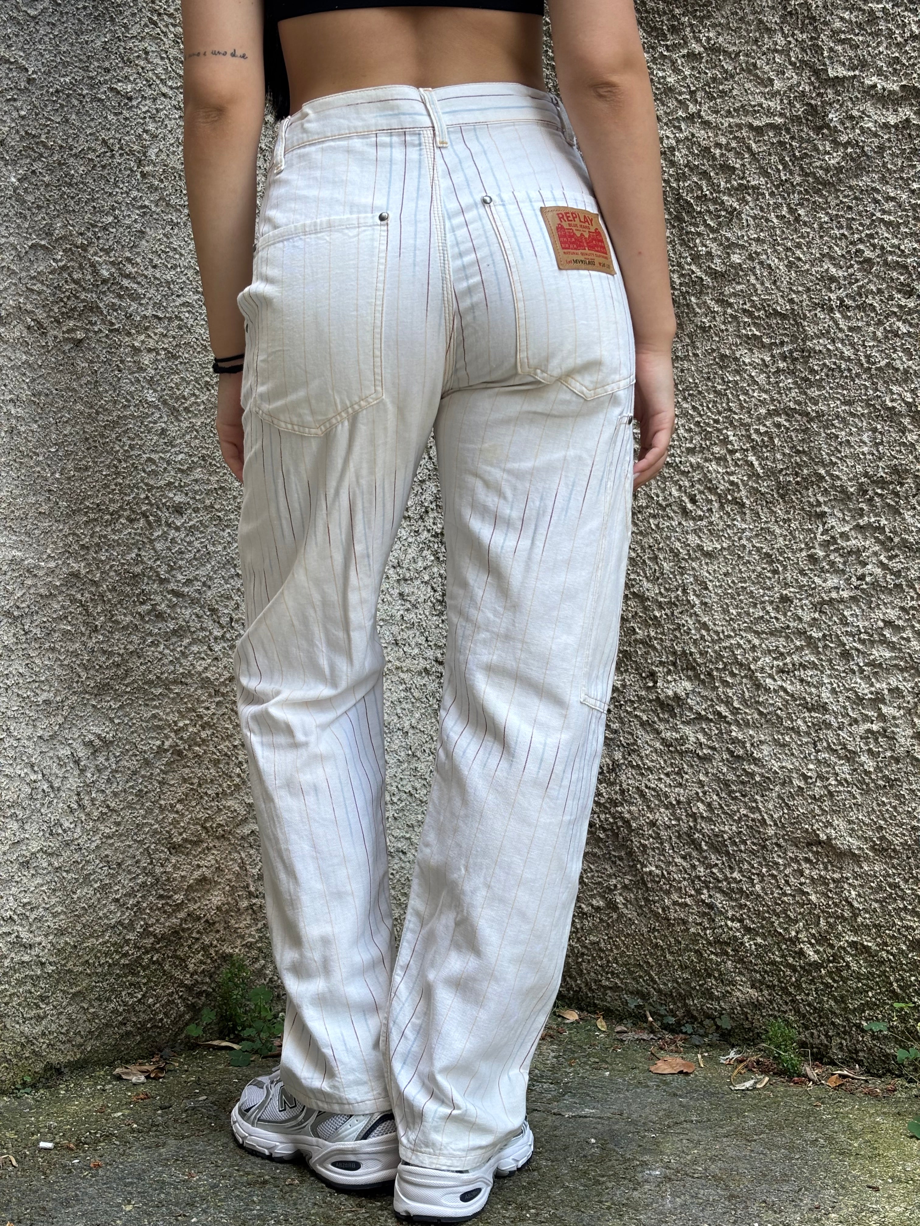 Pantalone Replay Vintage Donna Gessato Bianco Utility
