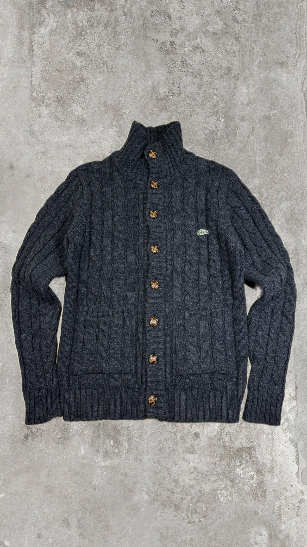 Vintage Lacoste Cable Knit Button-Up Cardigan High Neck - Dark Grey