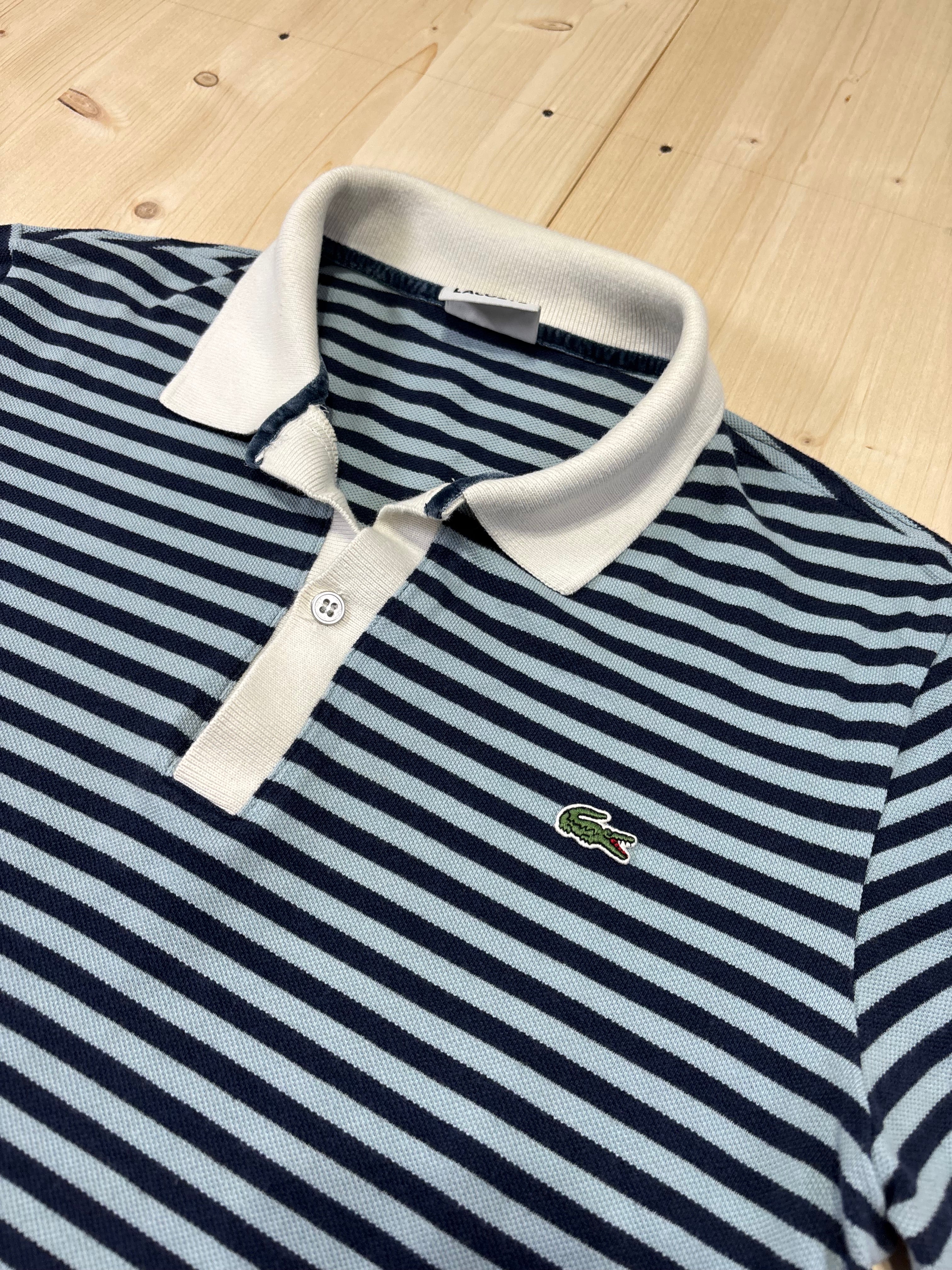 Polo Lacoste Uomo a Righe Blu e Azzurre con Colletto Bianco