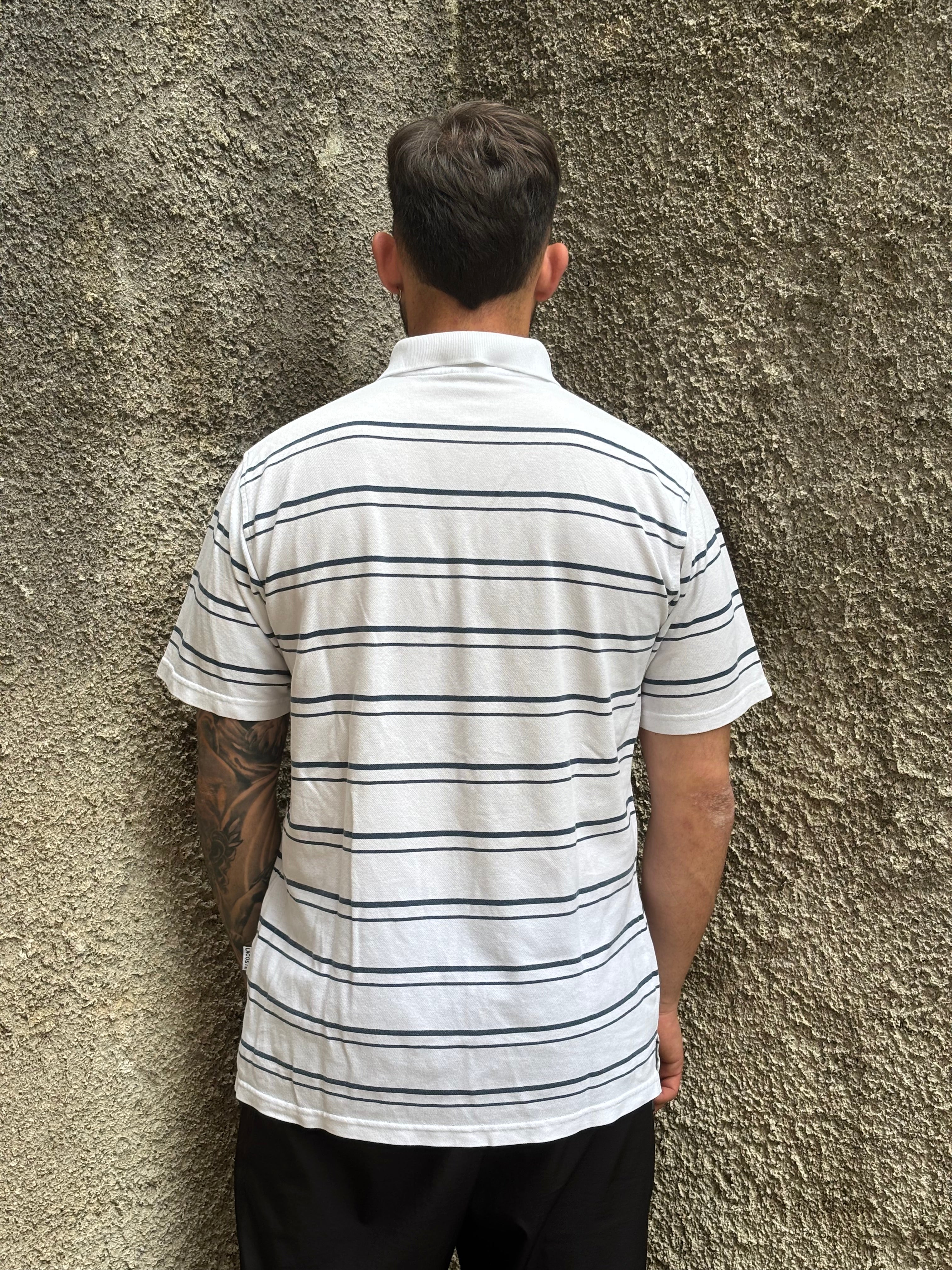 Polo Lacoste Uomo Bianca a Righe Blu con Logo Ricamato