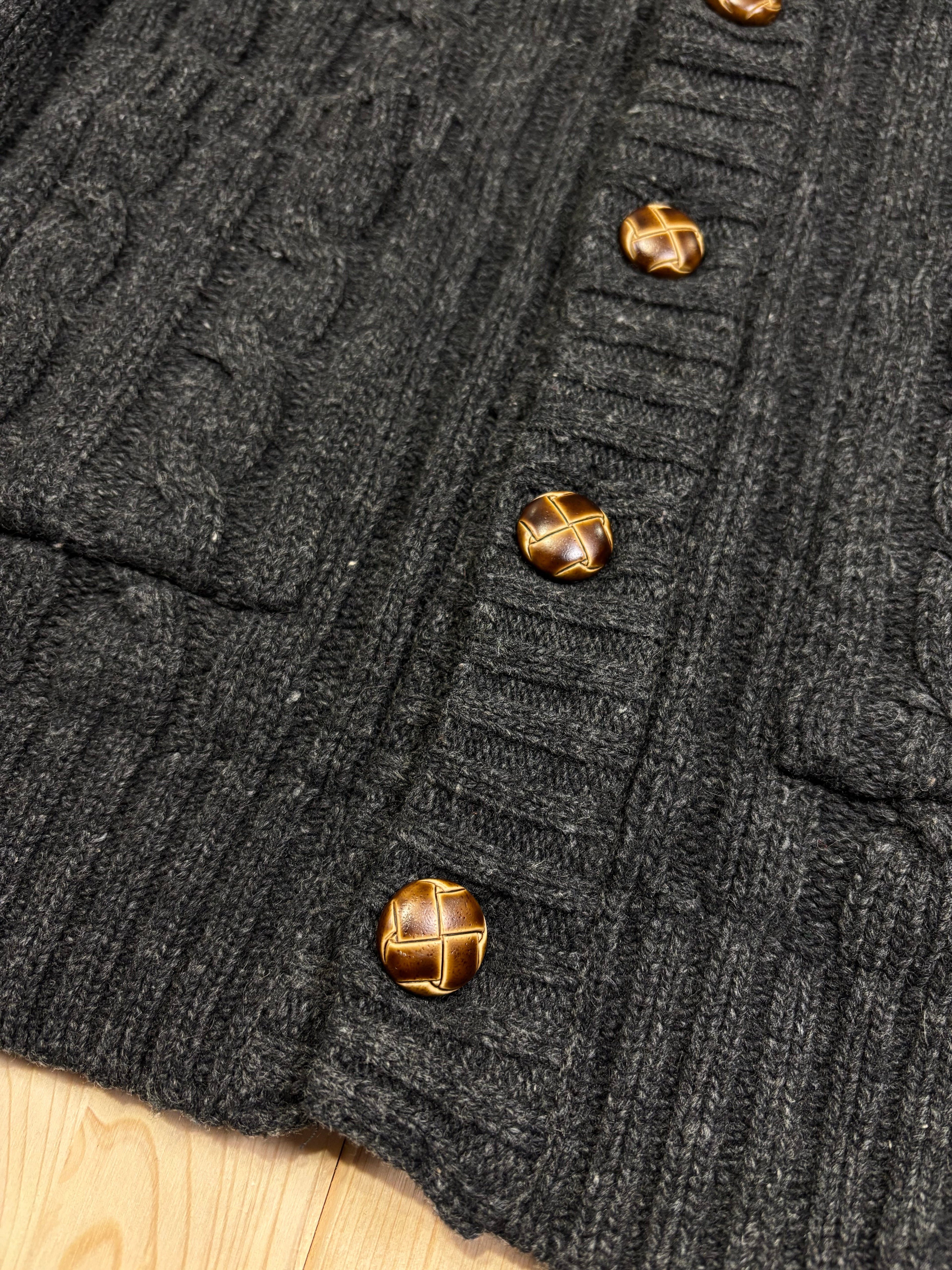 Vintage Lacoste Cable Knit Button-Up Cardigan High Neck - Dark Grey