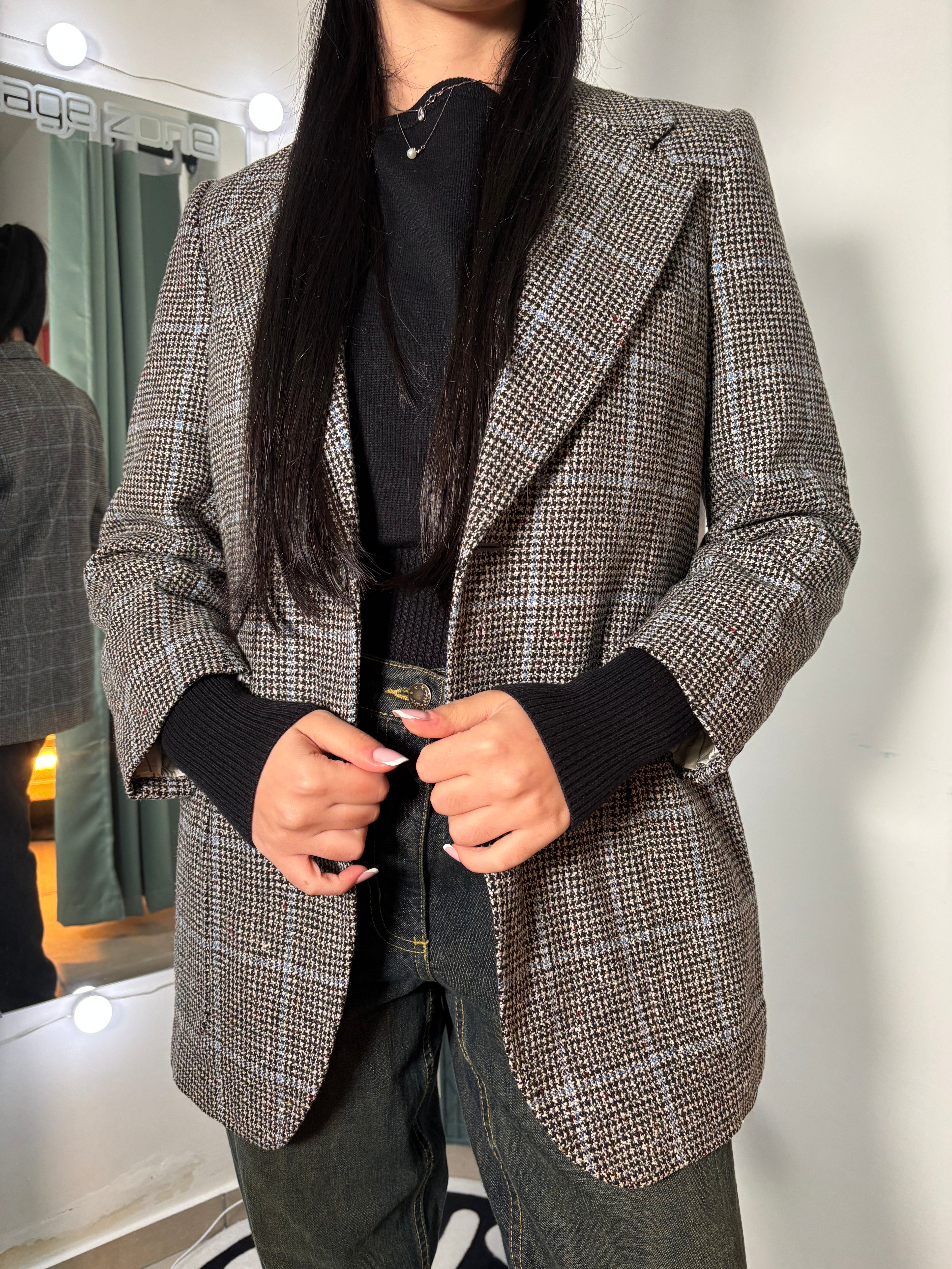 Vintage Italian Tweed Blazer – Grey Houndstooth & Blue Windowpane Check, Oversized Fit