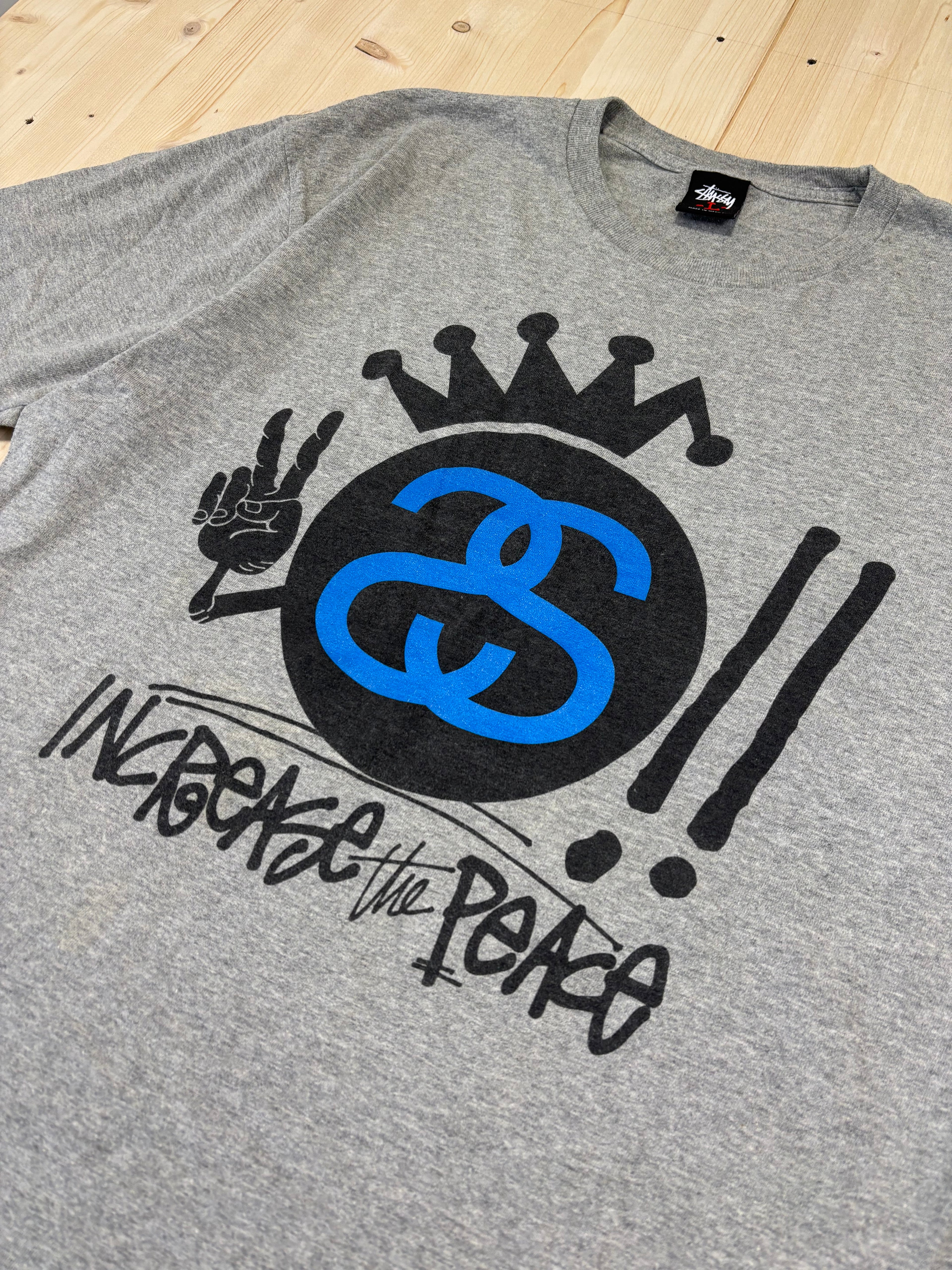 Vintage Stüssy Crown Logo Graphic T-Shirt Grey Streetwear