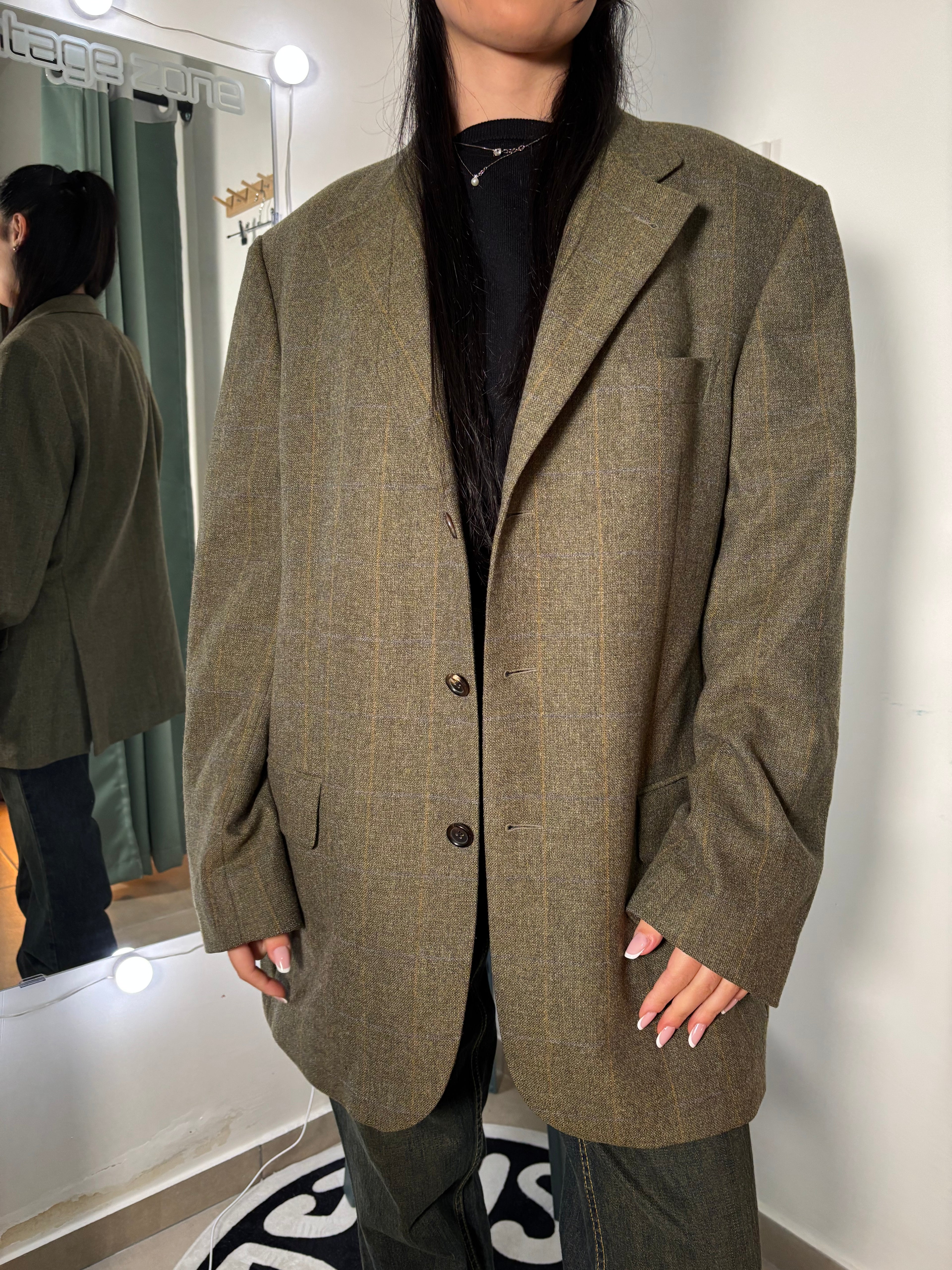 Vintage Olive Check Blazer – Superfine Wool & Cashmere, Made in Italy