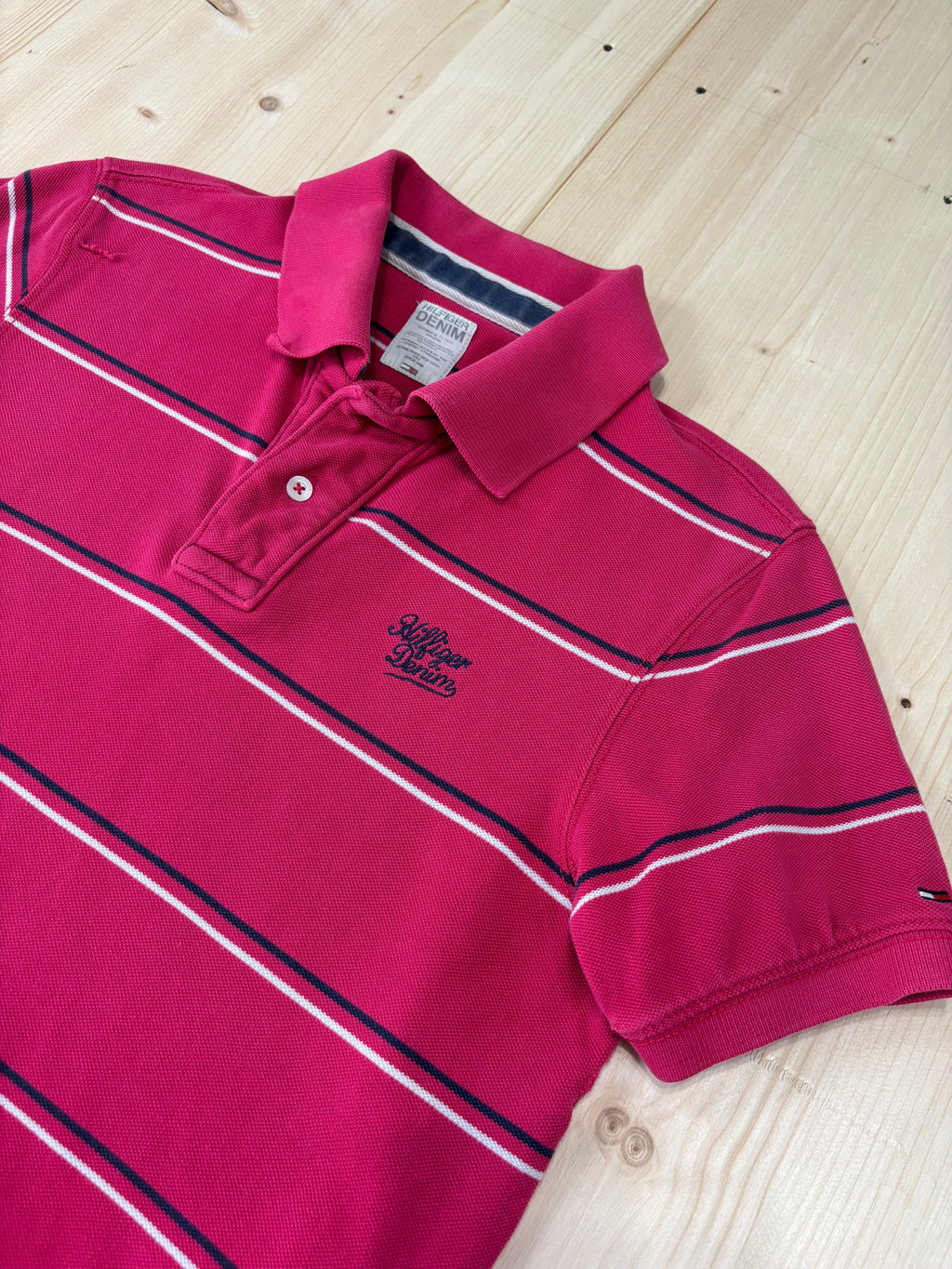 Polo Hilfiger Denim Fucsia a Righe Orizzontali - Maglietta Vintage Donna