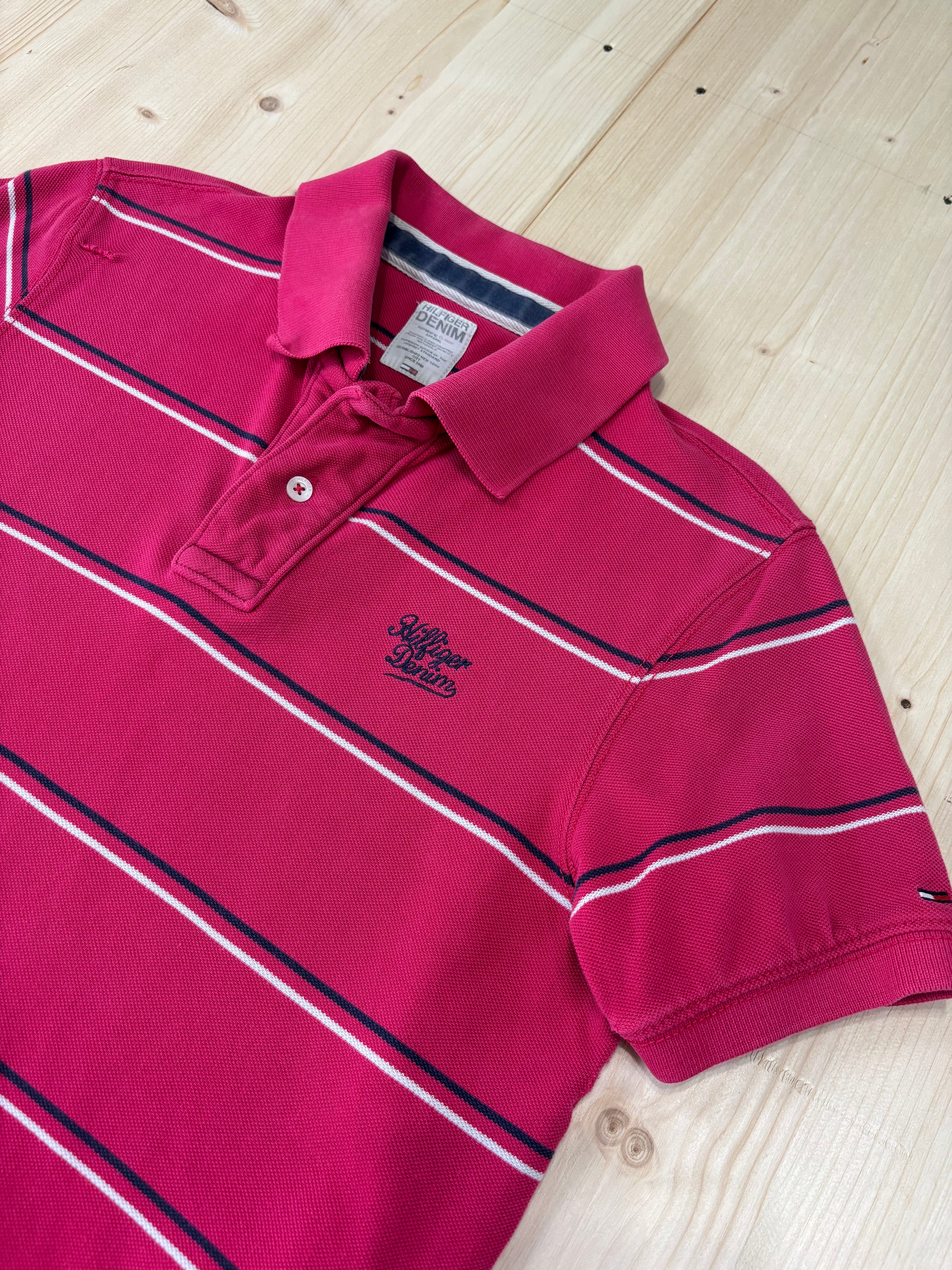 Polo Hilfiger Denim Fucsia a Righe Orizzontali - Maglietta Vintage Donna