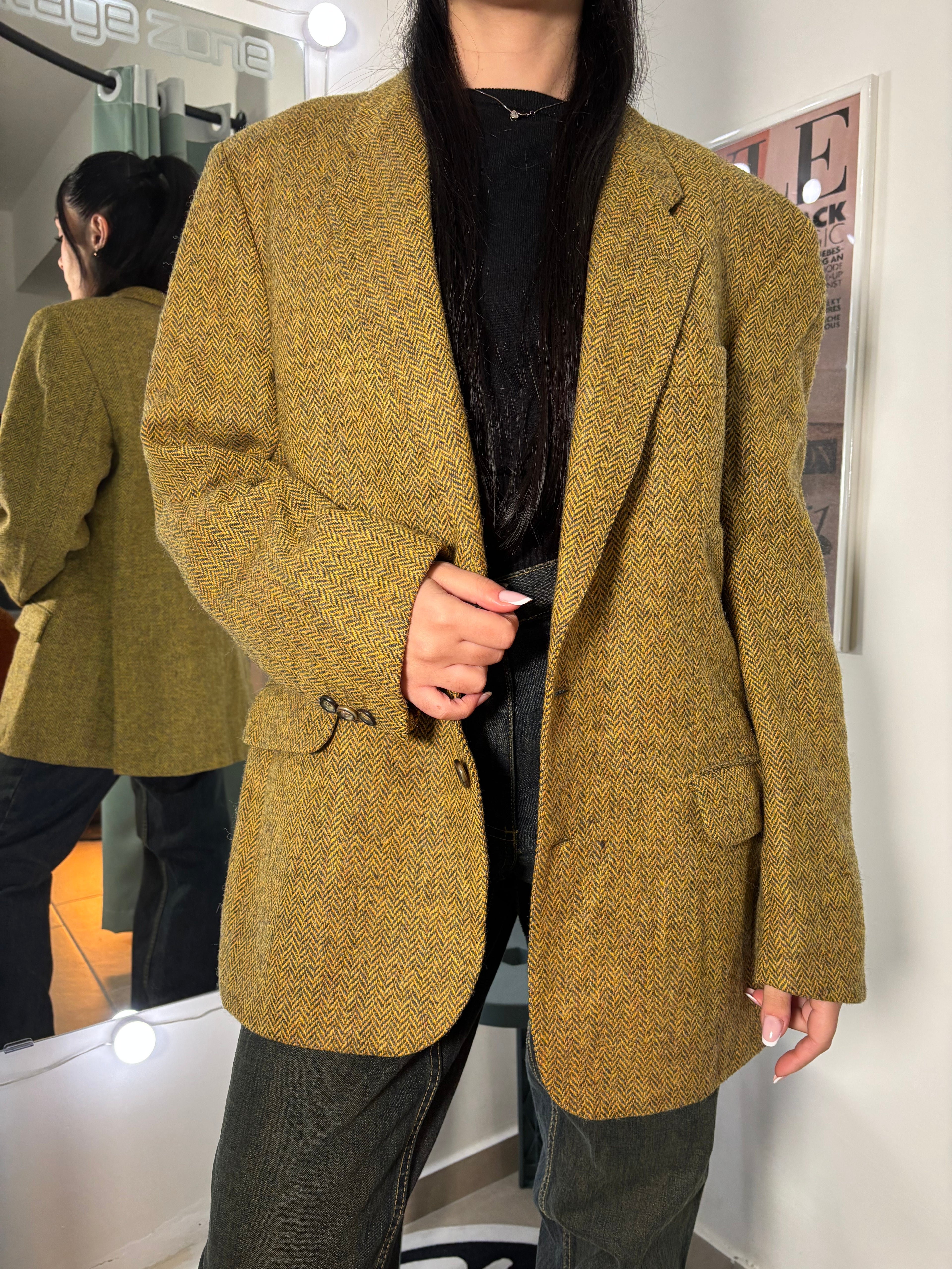 Vintage Pure New Wool Blazer - Chartreuse Herringbone Tweed, Oversized Fit, Made in Germany